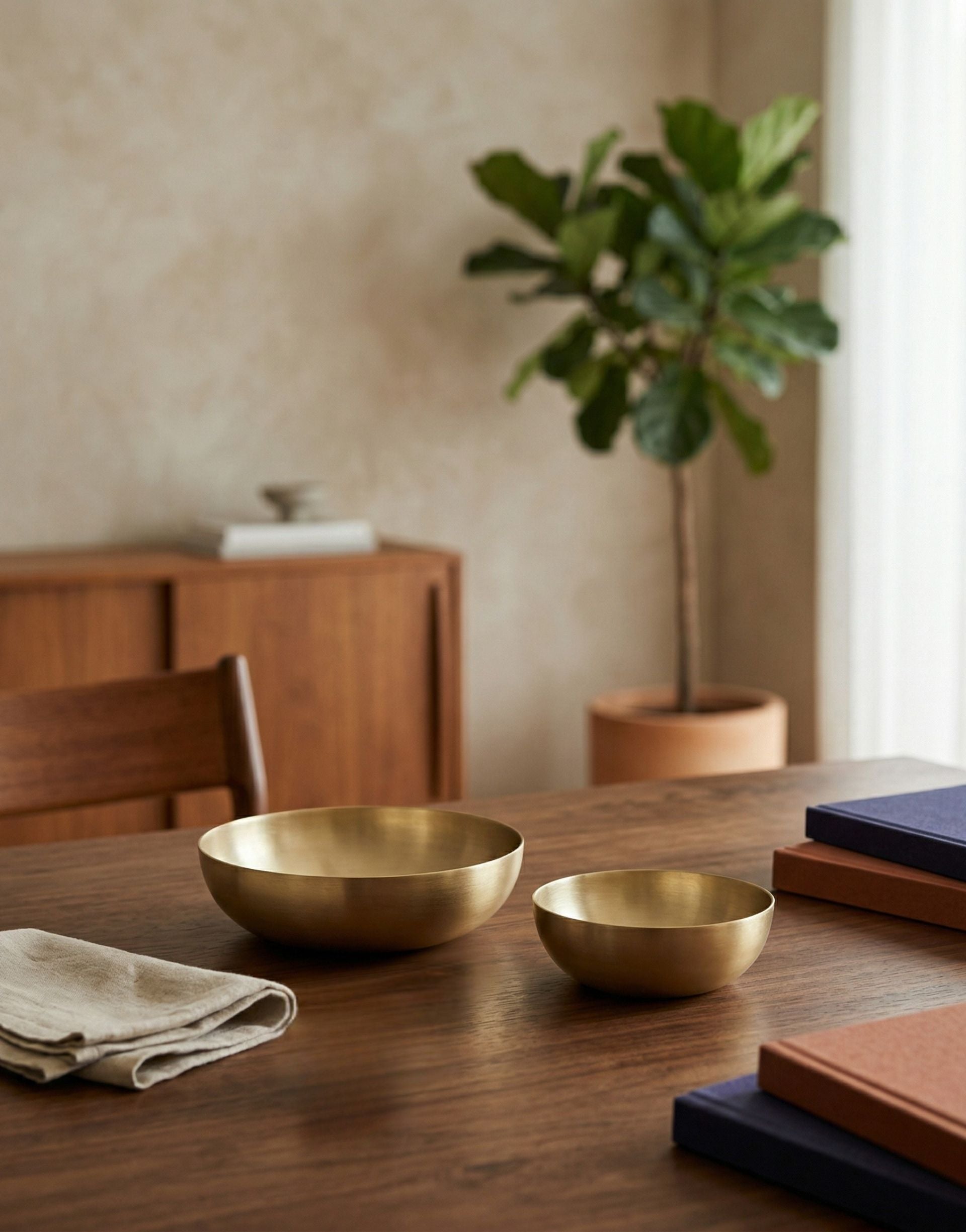 Two brass salad bowls on a wooden table with a plant and books in the background.