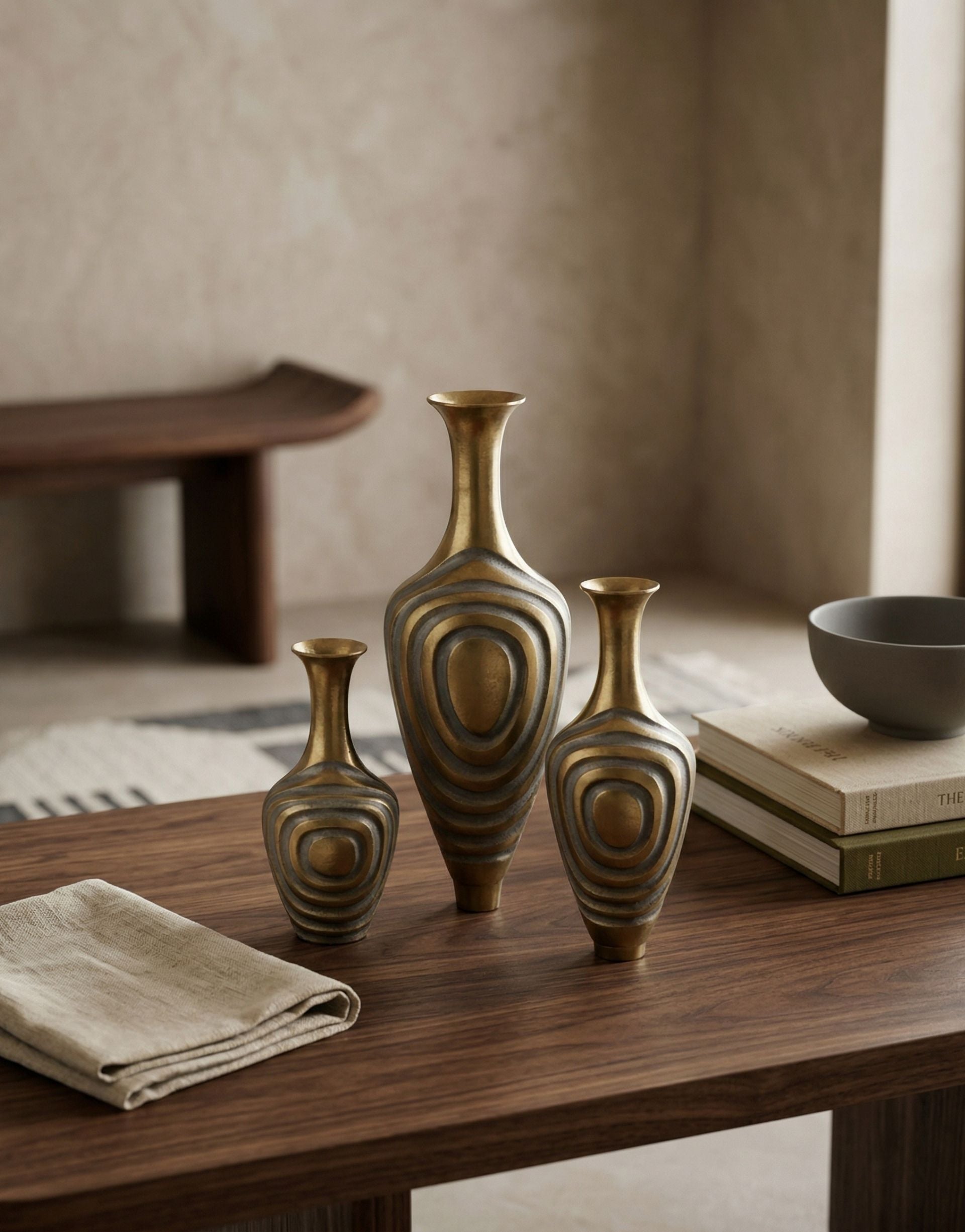 Three brass vases on a wooden table with a neutral background
