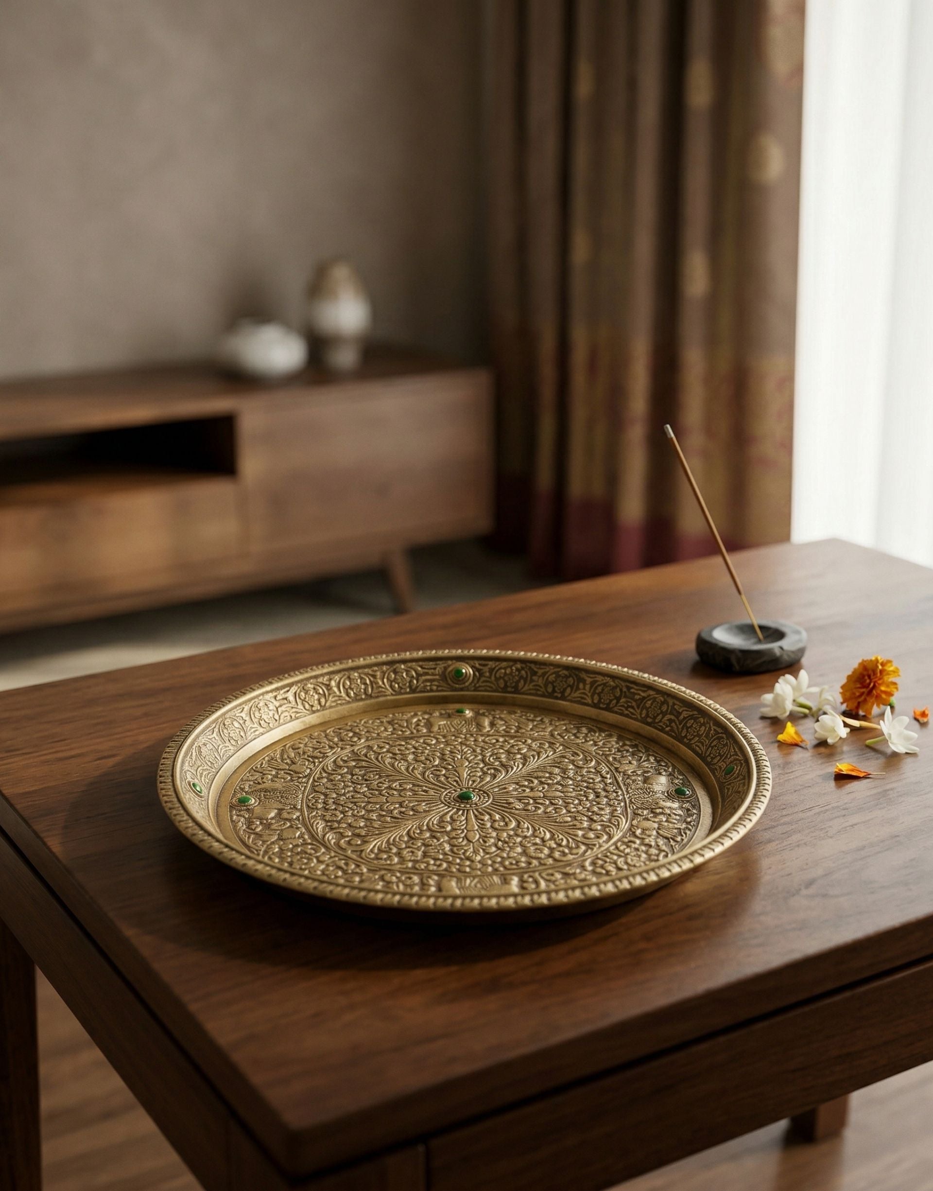 Decorative brass pooja tray on a wooden table with incense and flowers, in a room setting.