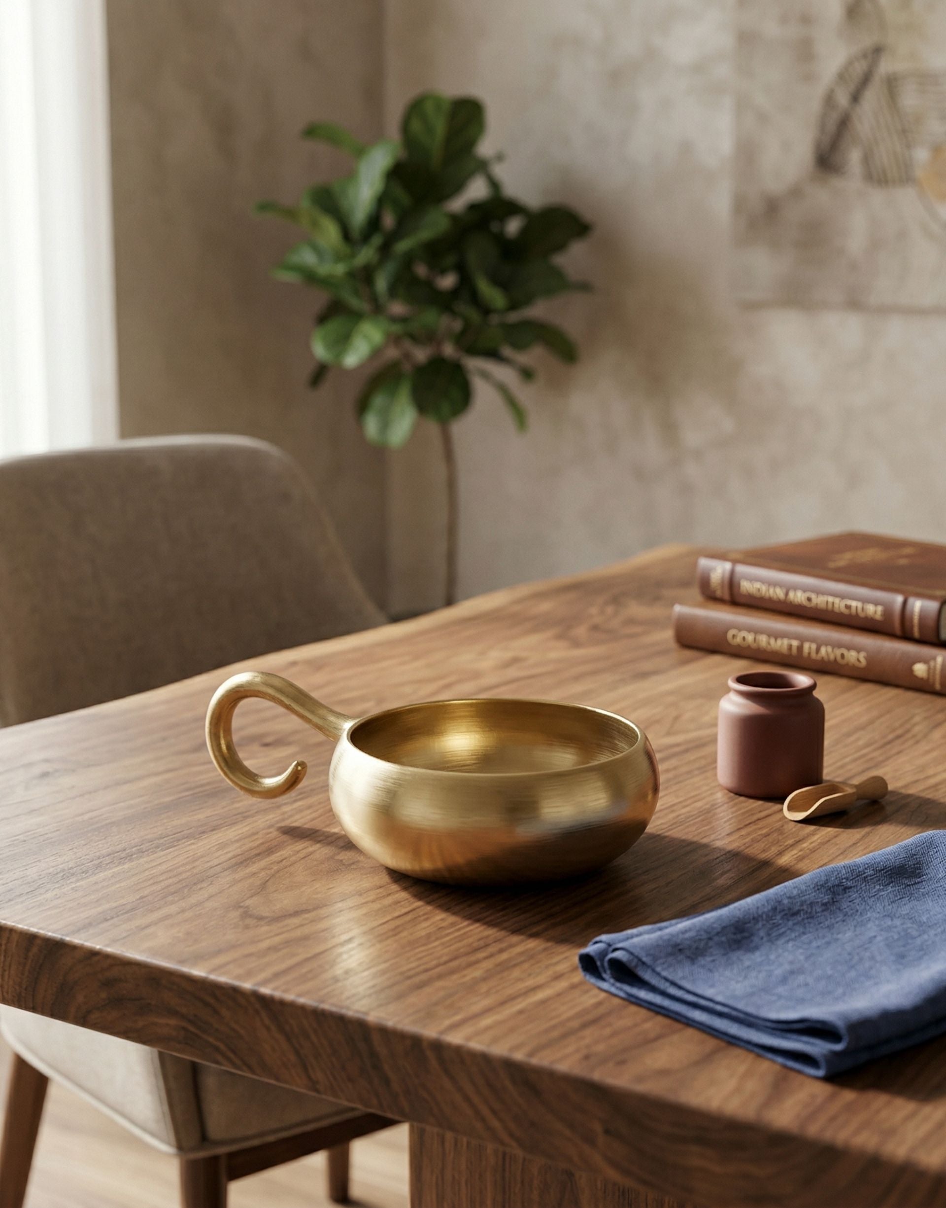 Brass single bite server on a wooden table with a plant and books in the background