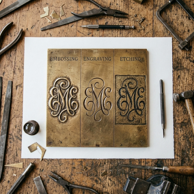 Detailed craftsmanship showing custom hand-engraving and embossing techniques on 18-gauge solid brass surfaces.