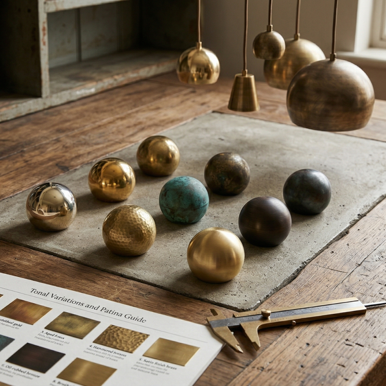 A tonal study of solid brass patinas and finishes available for custom architectural commissions at Reeth.