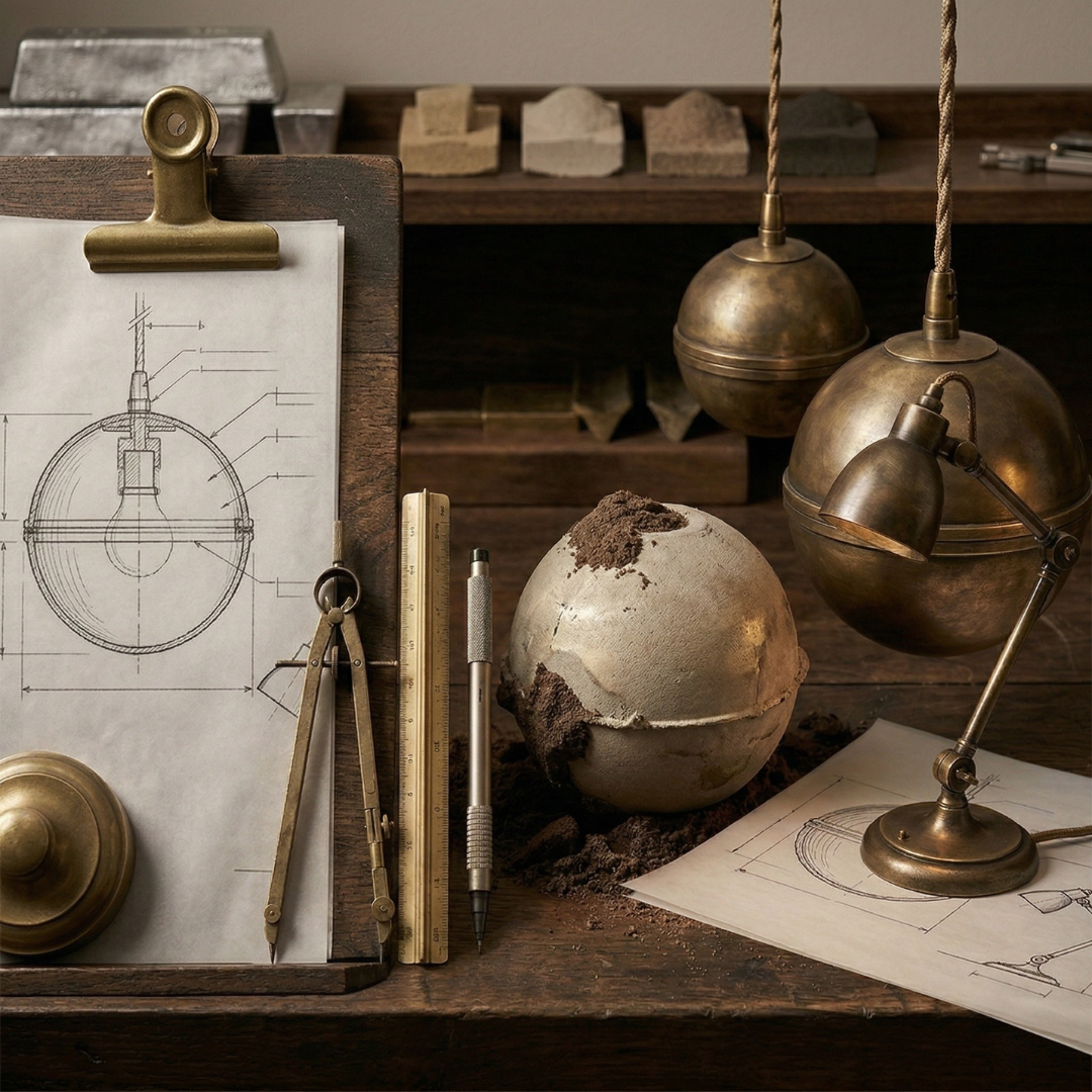 The Reeth design journey: transitioning from technical architectural sketches to handcrafted solid brass reality.