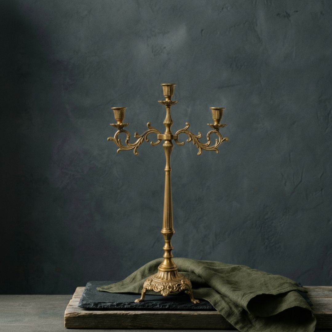 Brass candlestick holders handcrafted for luxury dining rituals and sophisticated architectural tablescapes.