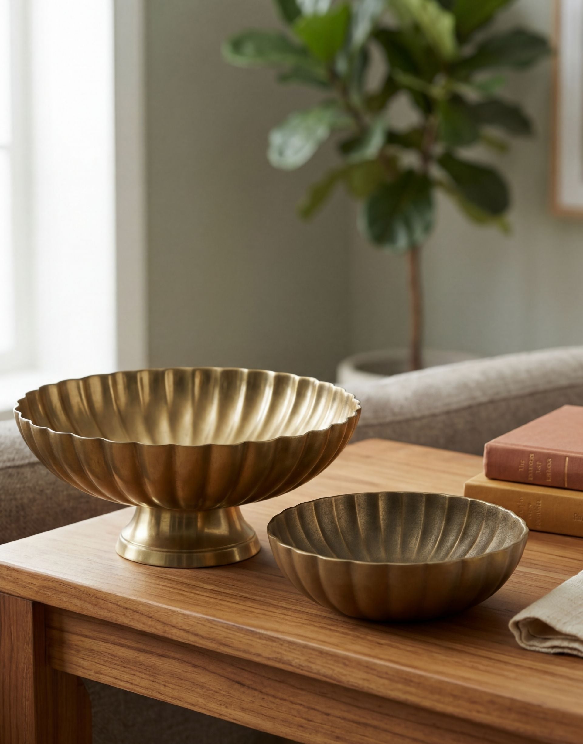 Two brass bowls on a wooden table with a blurred background