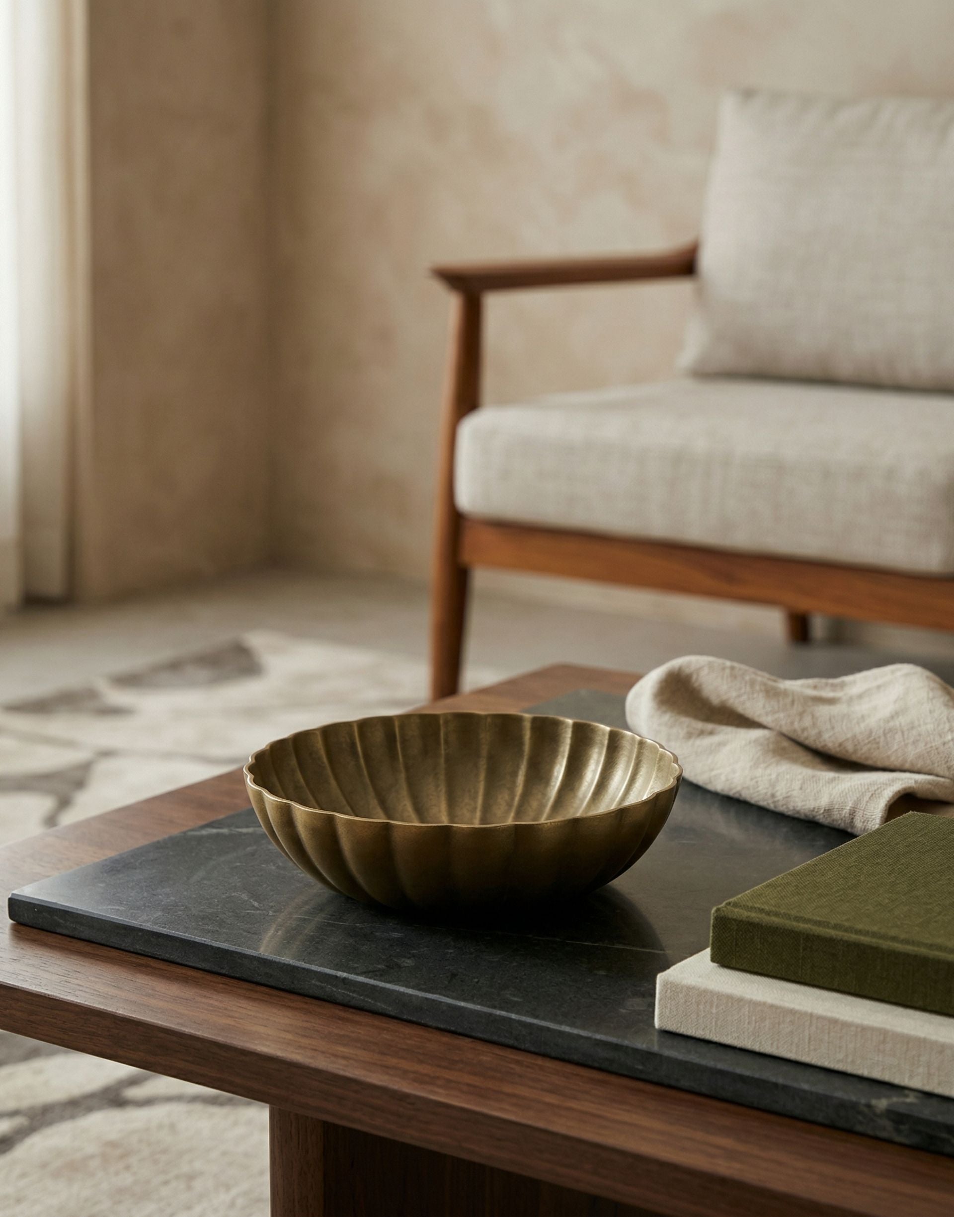 Brass bowl on a wooden table with a neutral-colored sofa in the background