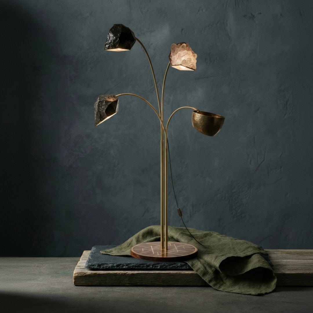 Tall architectural solid brass floor lamp designed for luxury ambient lighting in sophisticated spaces.