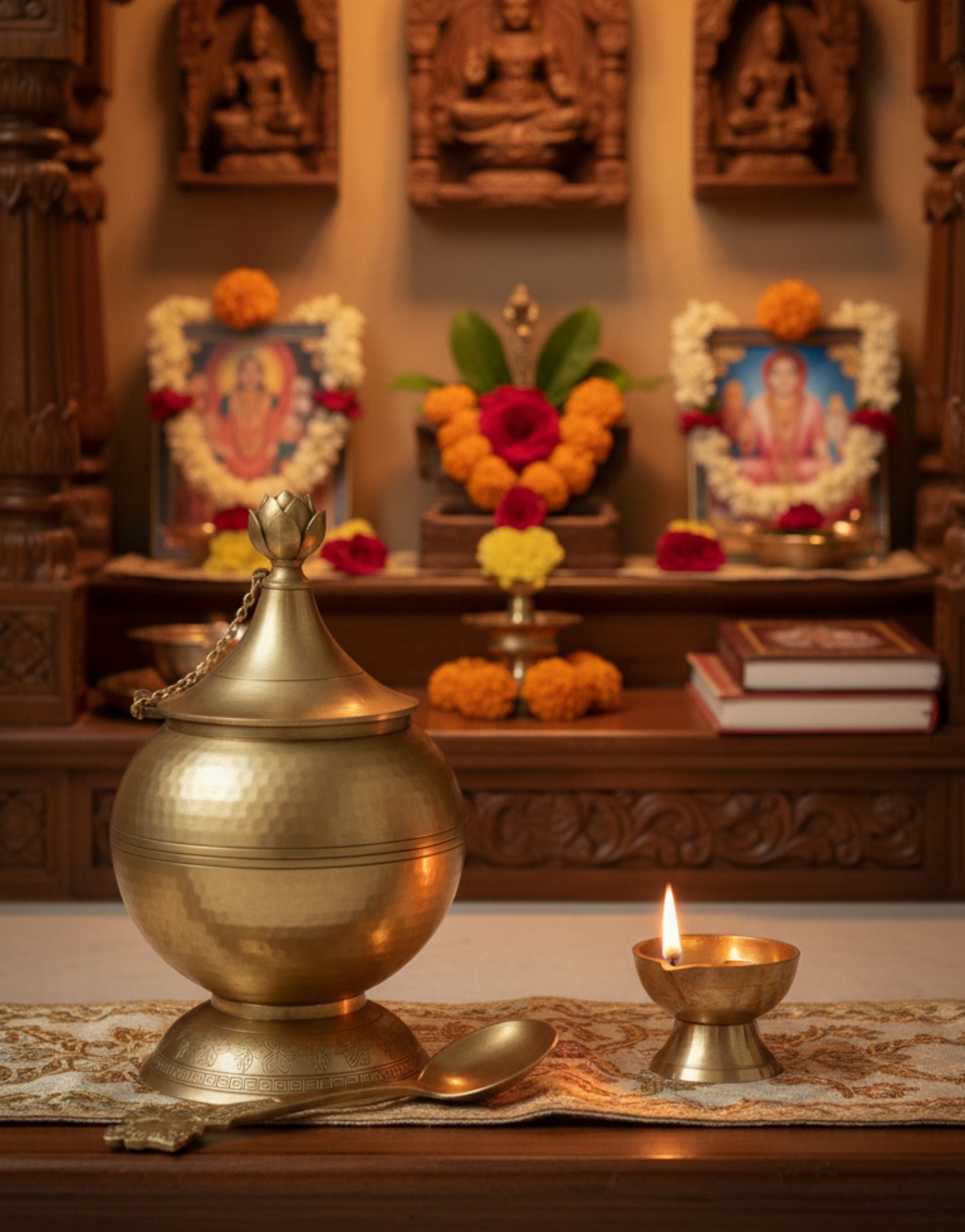 Brass ghee container and lit candle on a table in front of religious statues and decorations.