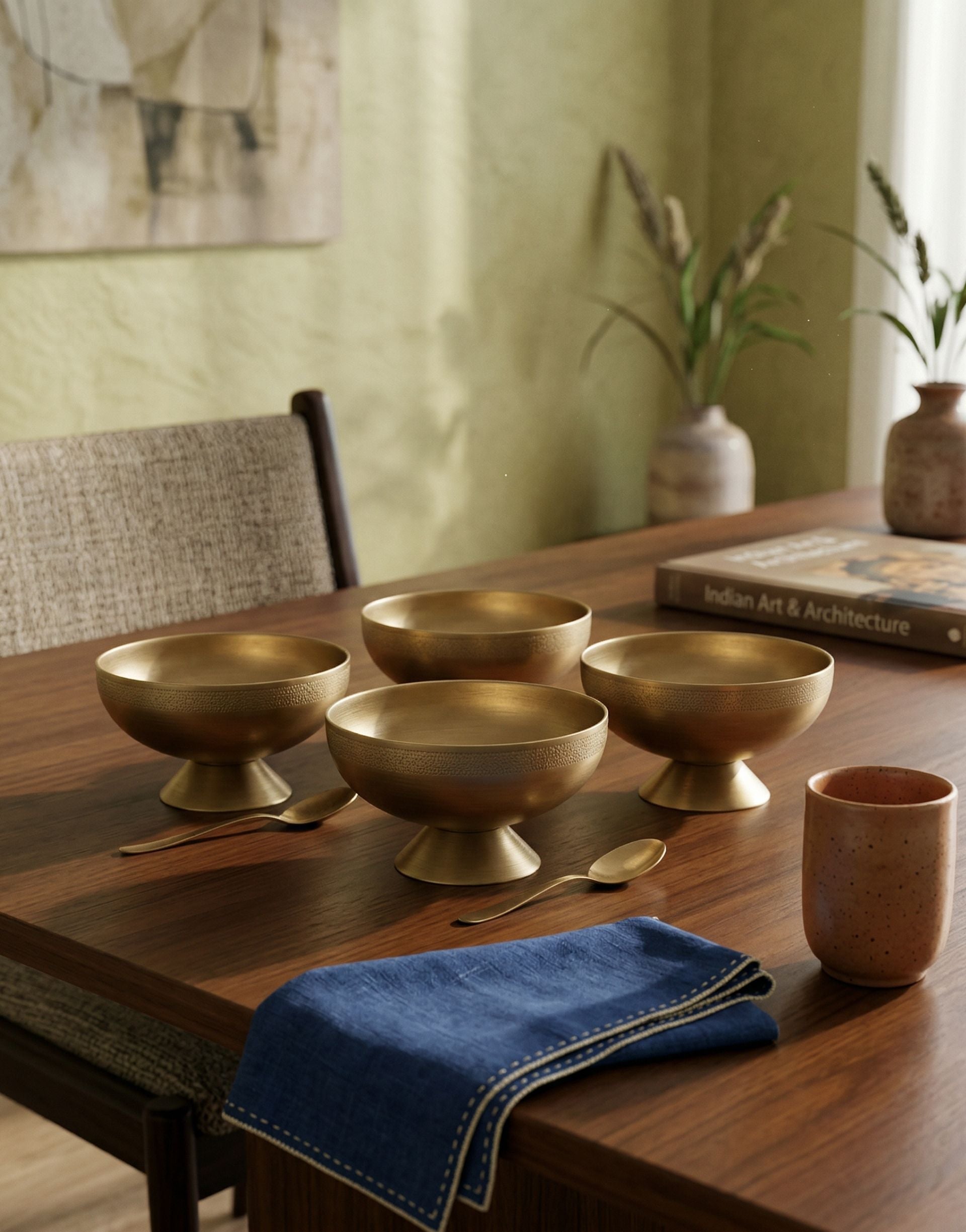 Set of brass desert bowls on a wooden table with a blue napkin and a brown mug.