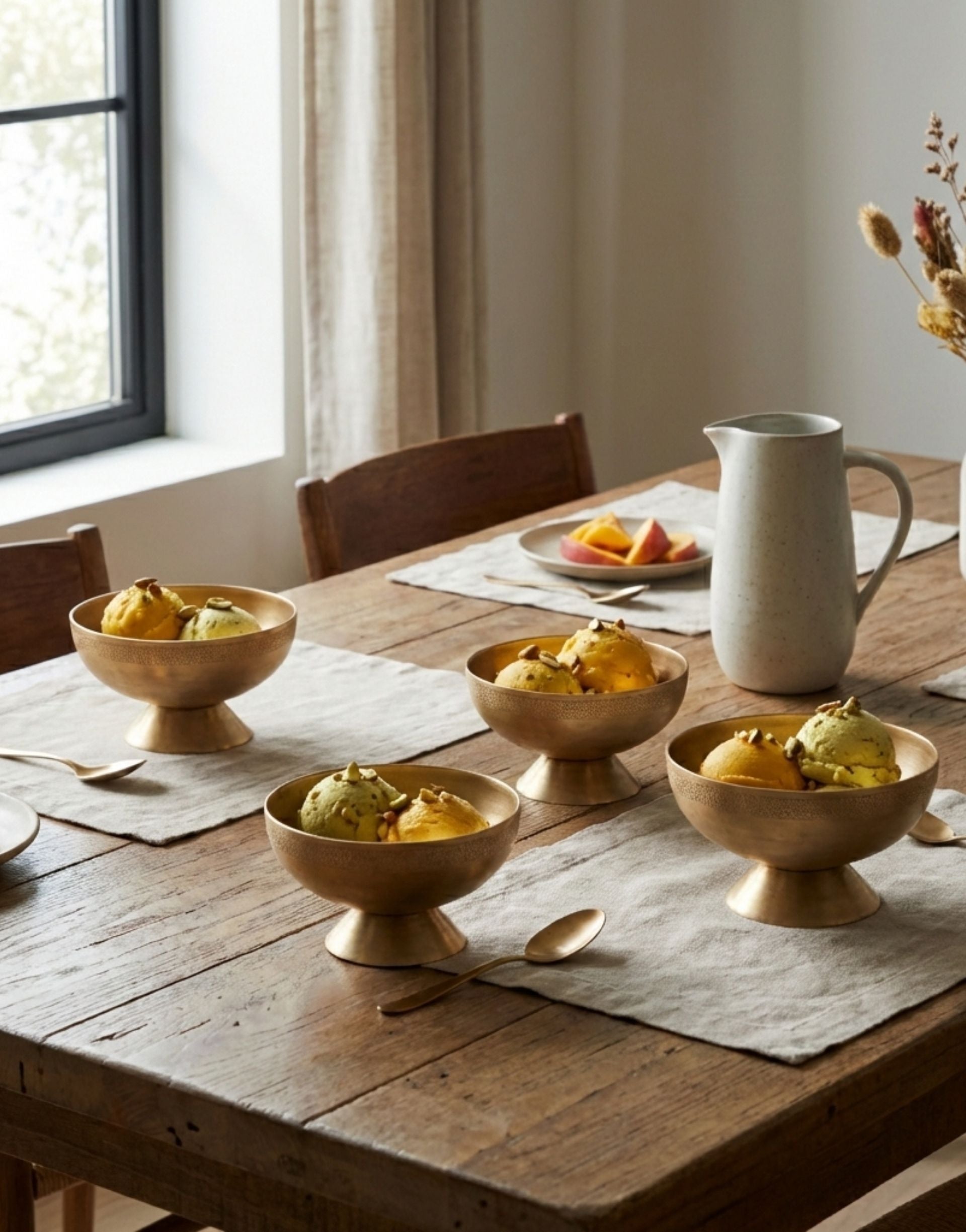 Dessert setting with brass bowls of ice cream on a wooden table.