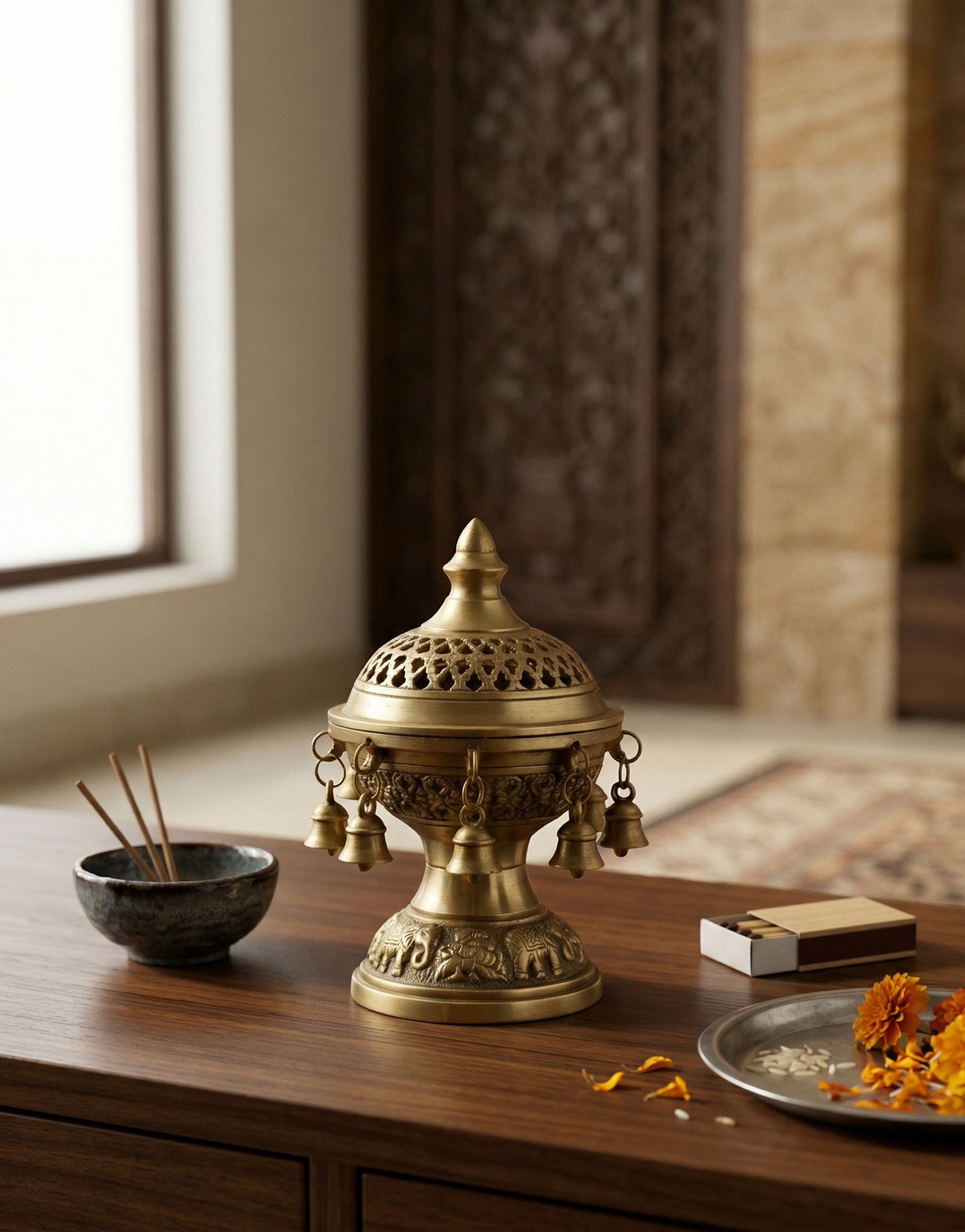 Brass incense burner on a wooden surface with a bowl of incense sticks and a small dish.