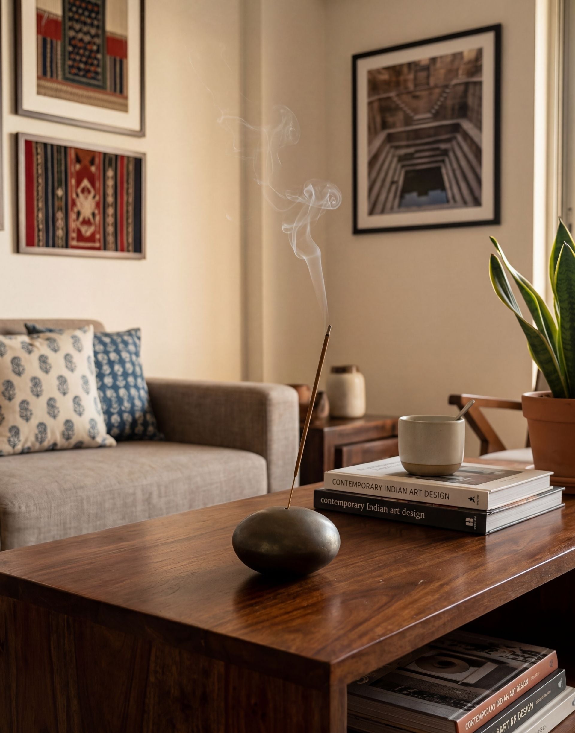 Living room with a brass incense holder, wooden coffee table, books, a plant, and framed art on the wall.