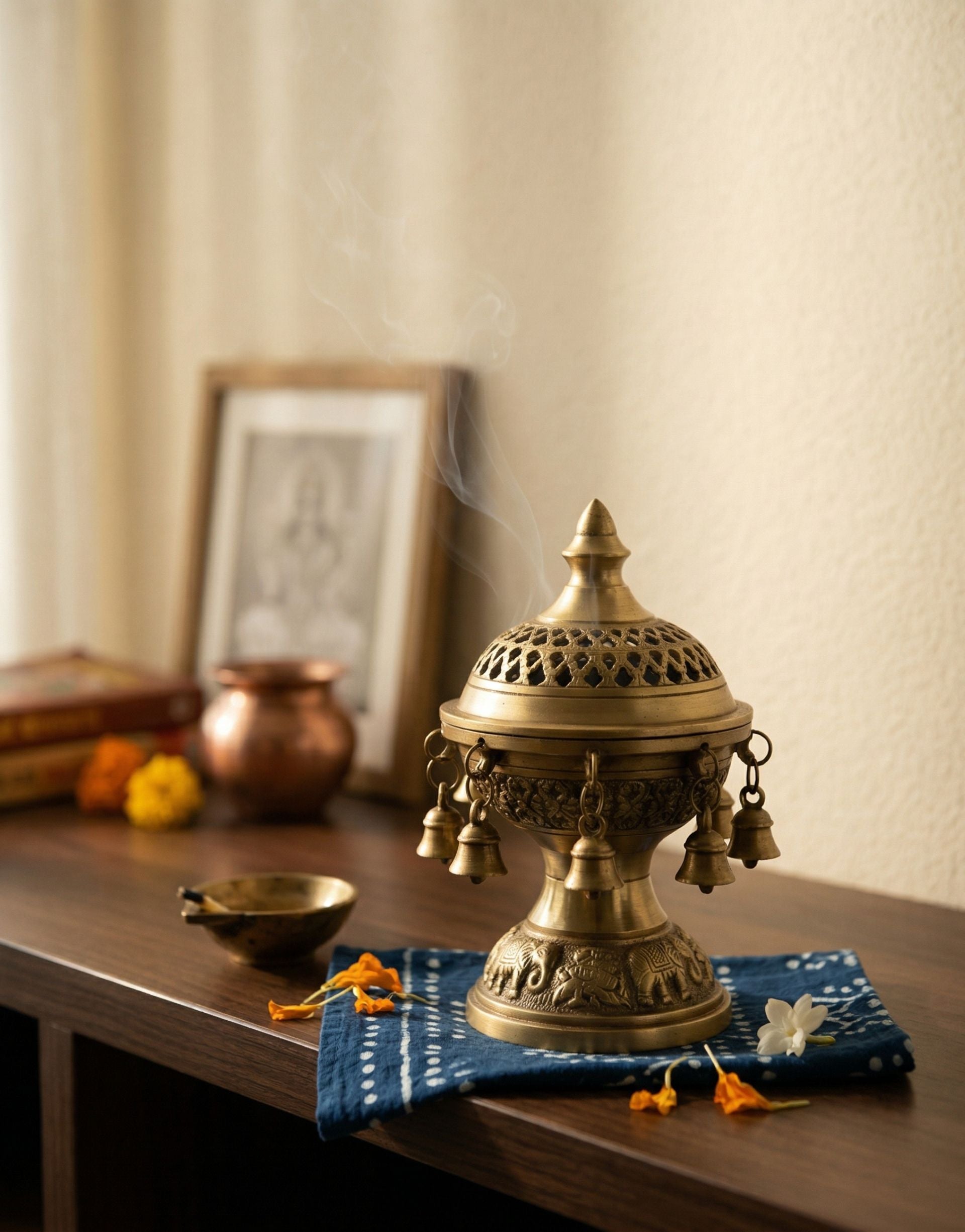 Decorative brass incense burner on a wooden surface with a blurred background