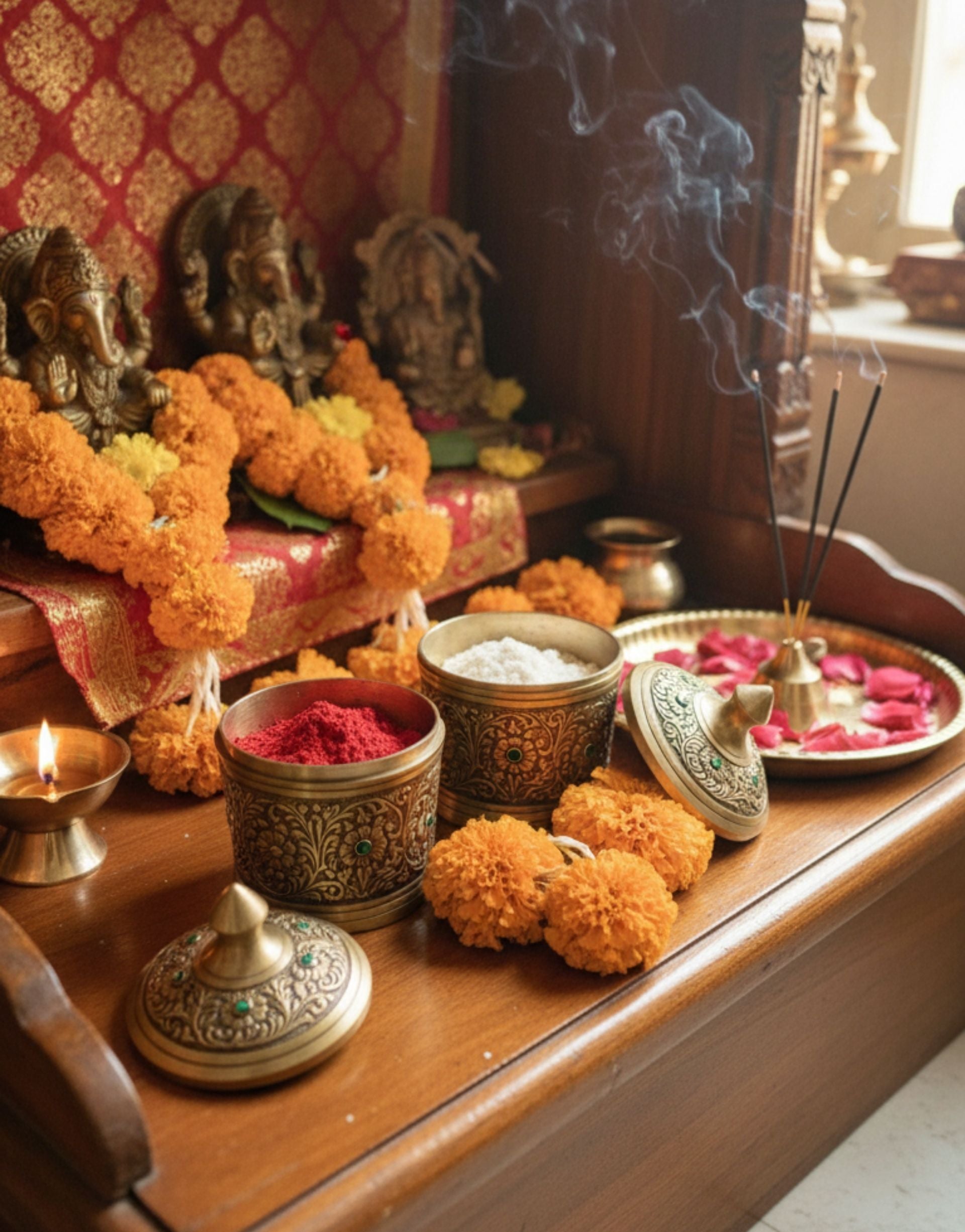 Pooja altar with brass containers, religious items, flowers, and incense on a wooden surface.