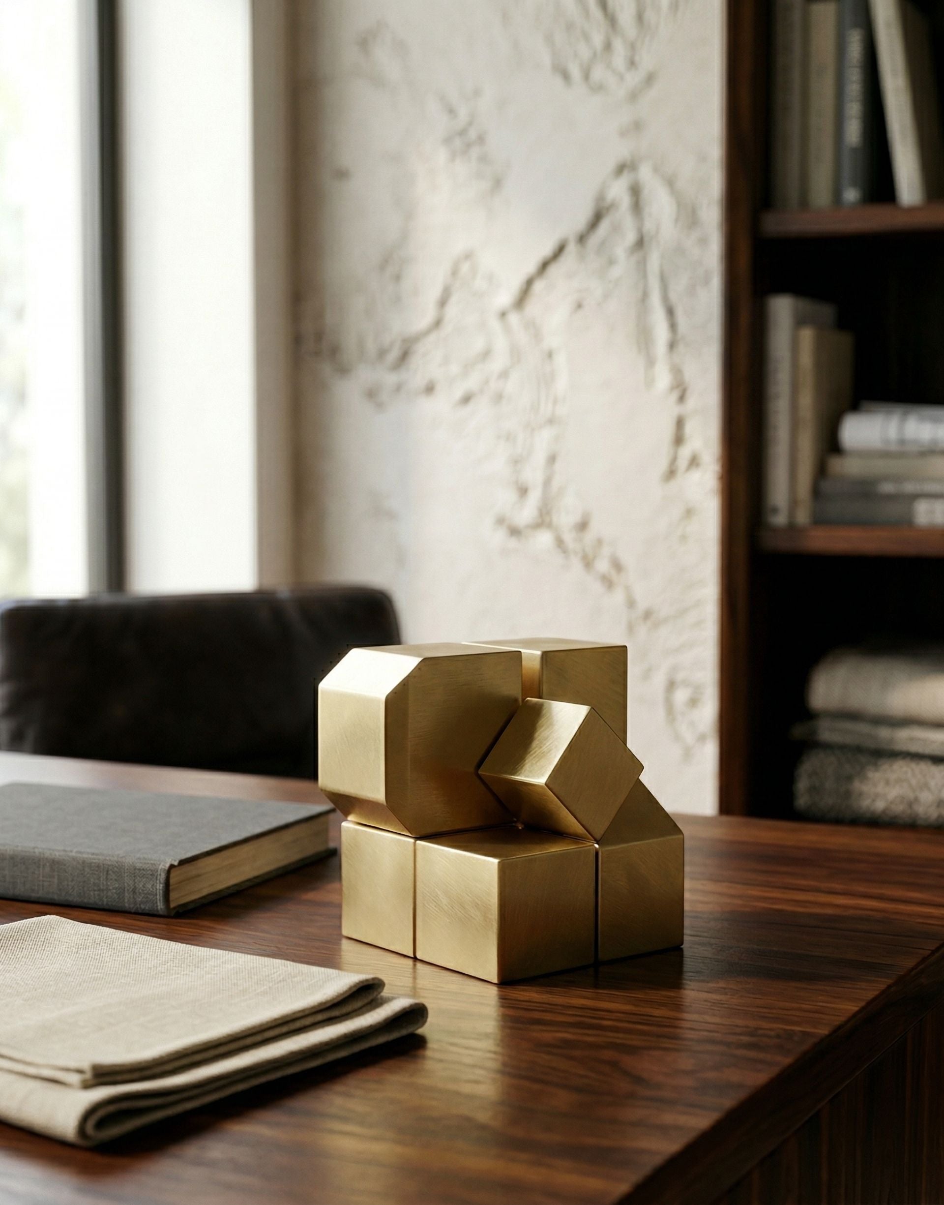 Brass geometric sculptures paperweight on a wooden table with a blurred background
