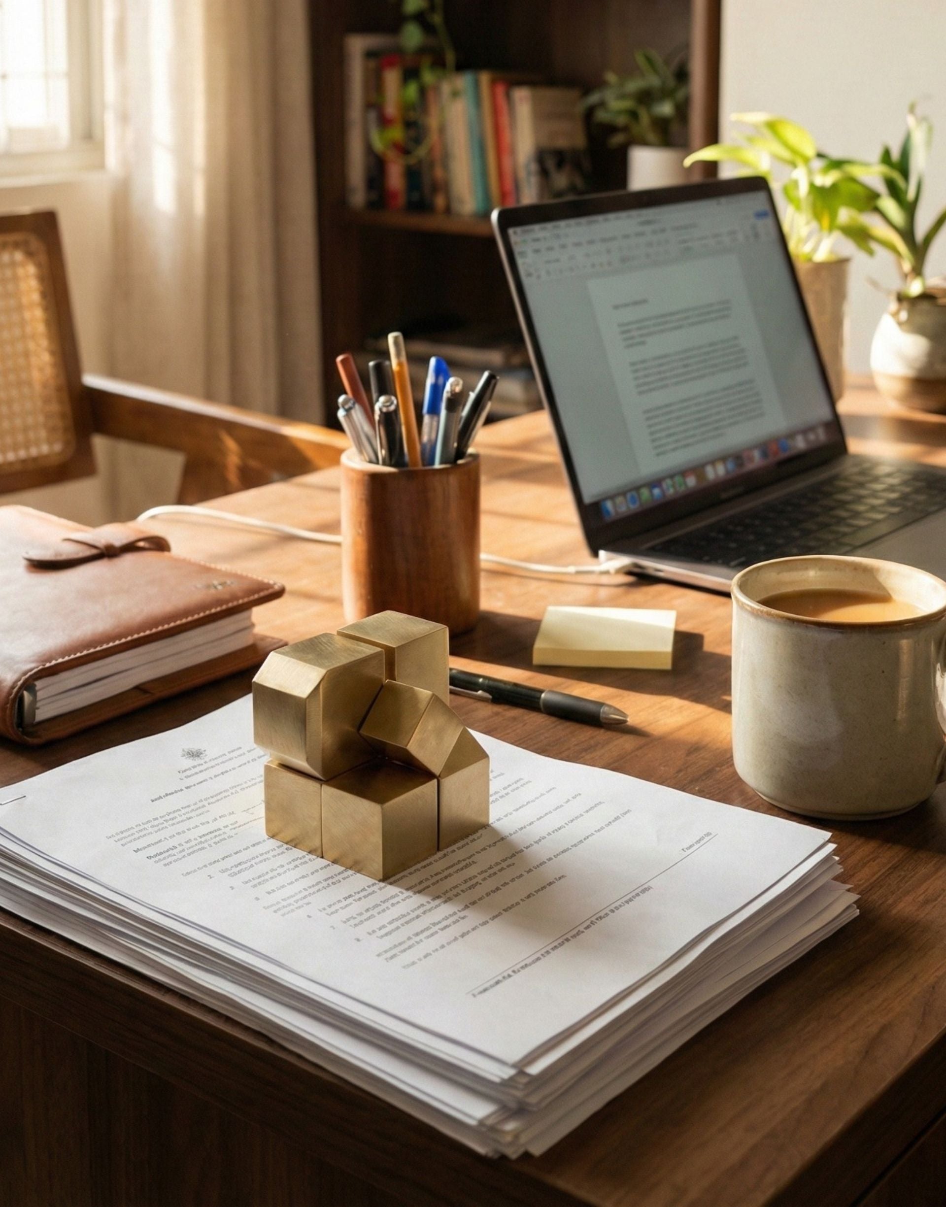 Home office desk with laptop, coffee, and brass paperweight