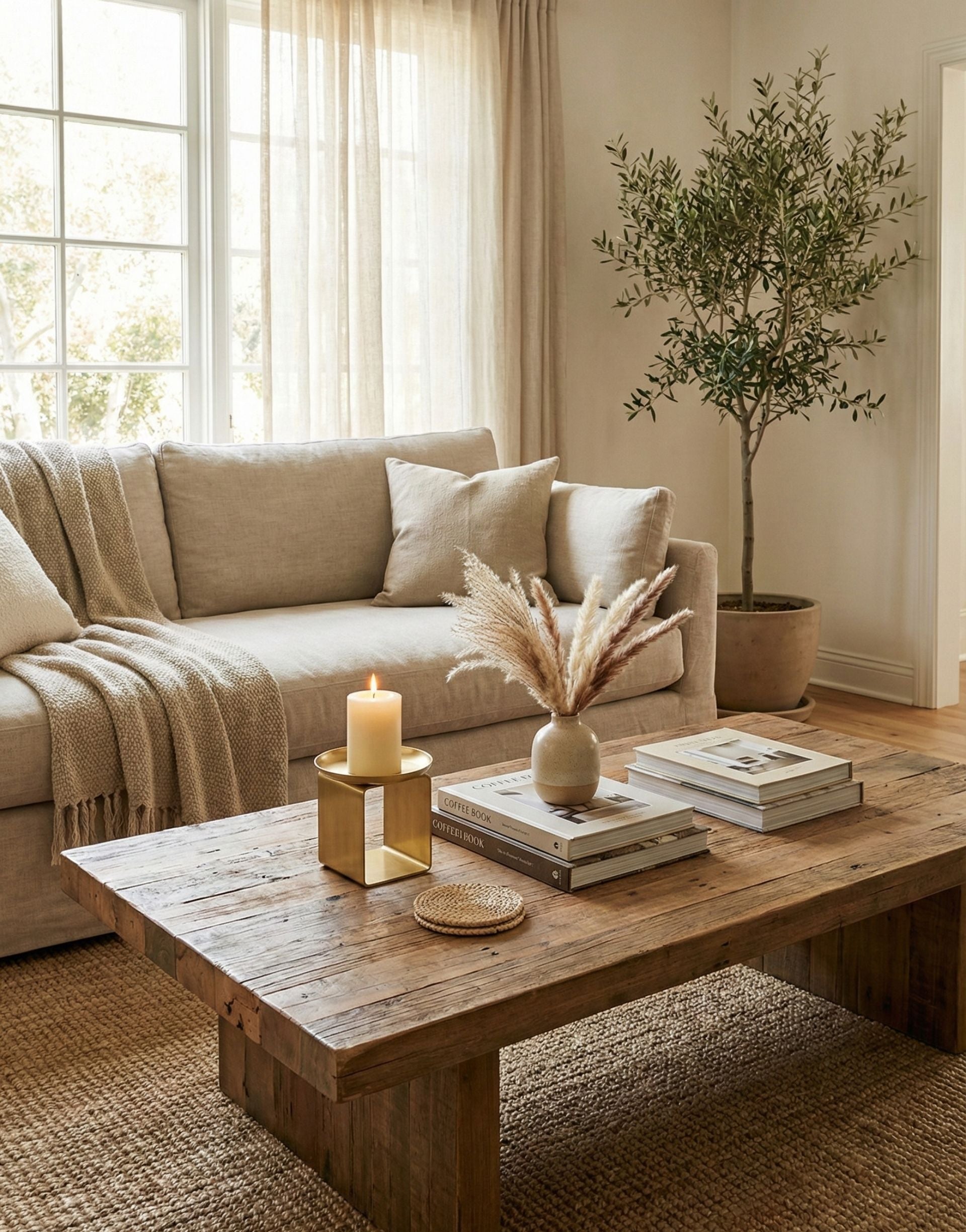 Cozy living room with a beige sofa, wooden coffee table, and brass candle holder