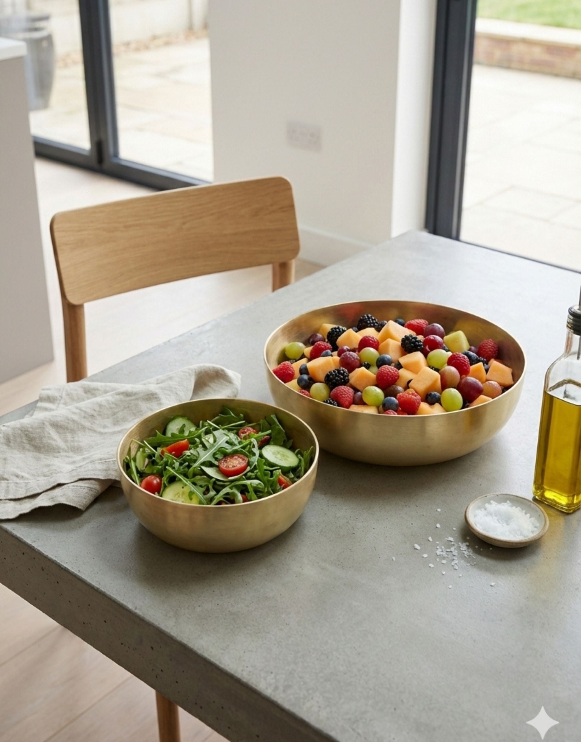 Two brass salad bowls on a table with salad and fruit, next to a bottle of olive oil.