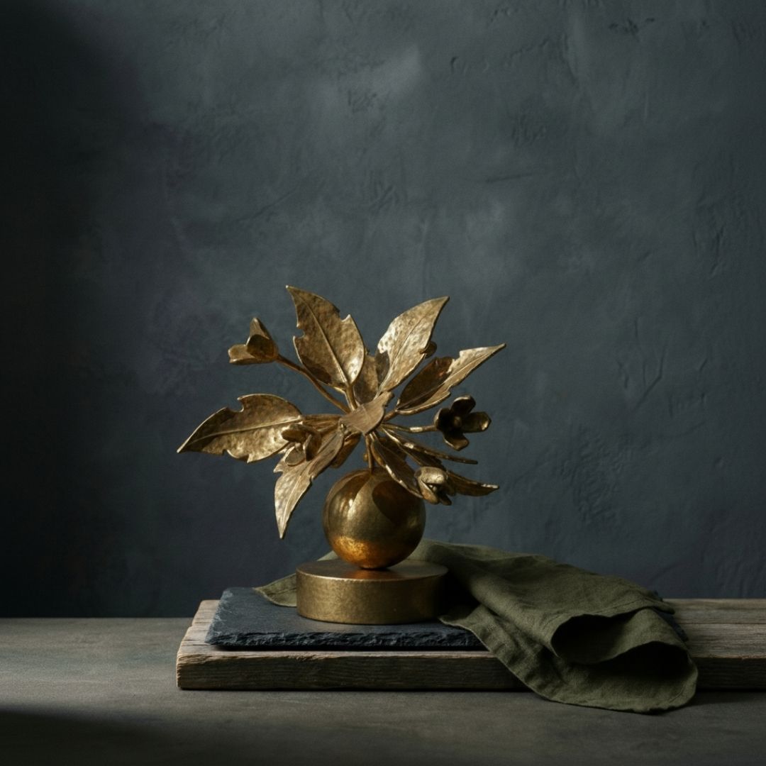 A curation of solid brass table objects, from sculptural bowls to functional trinket trays.