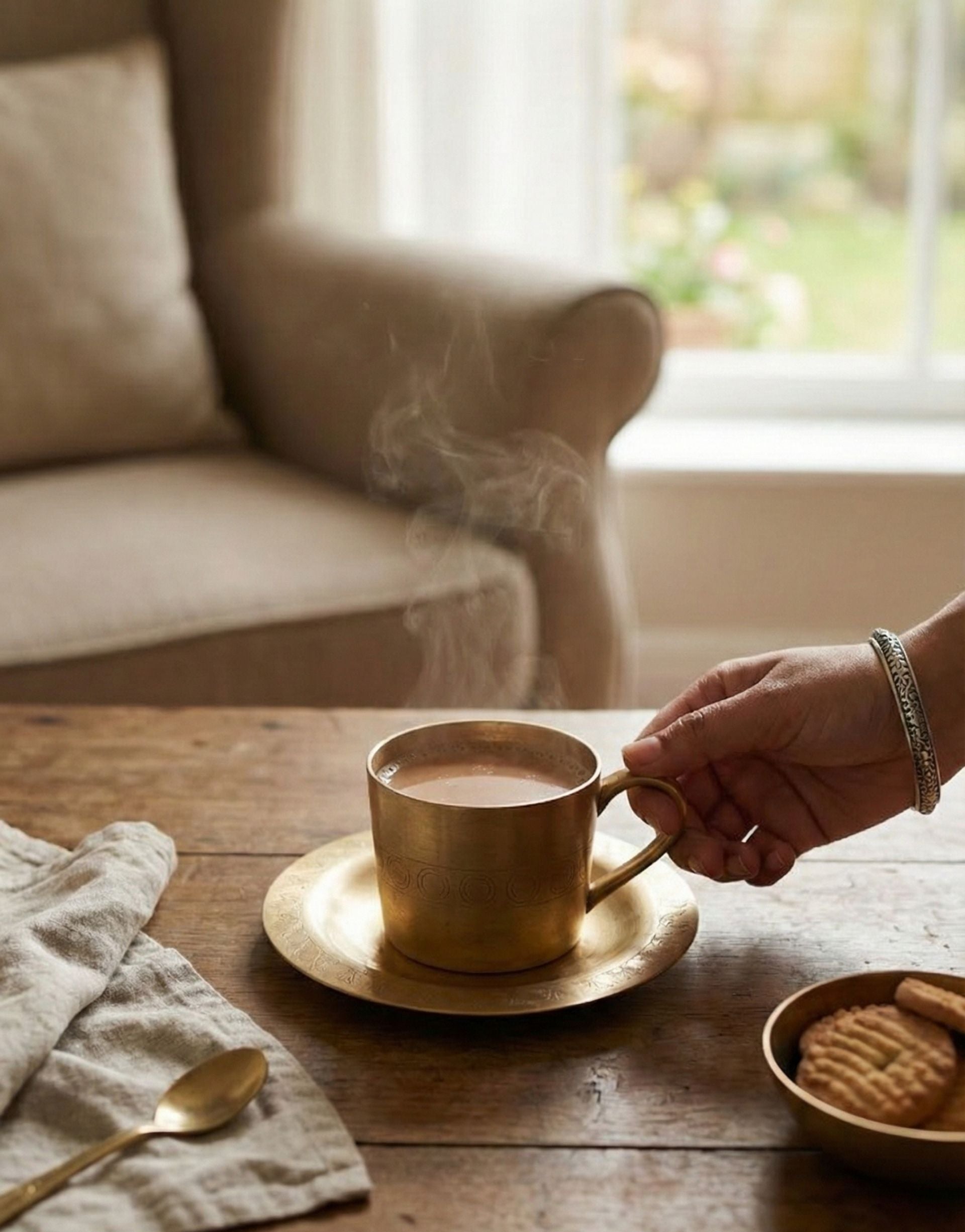 Steaming brass cup of tea on a wooden table with a blurred background