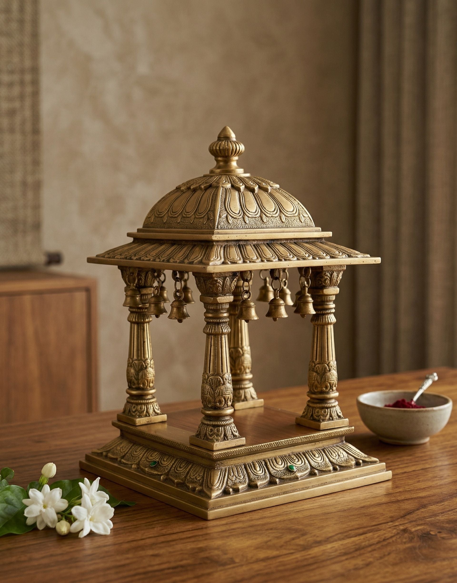 Decorative brass temple on a wooden surface with a bowl and flowers in the background