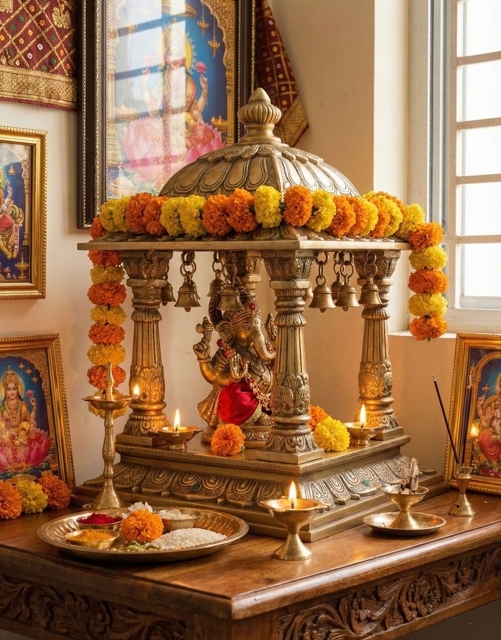 Decorative brass temple mandap with flowers, candles, and religious icons in a home setting.