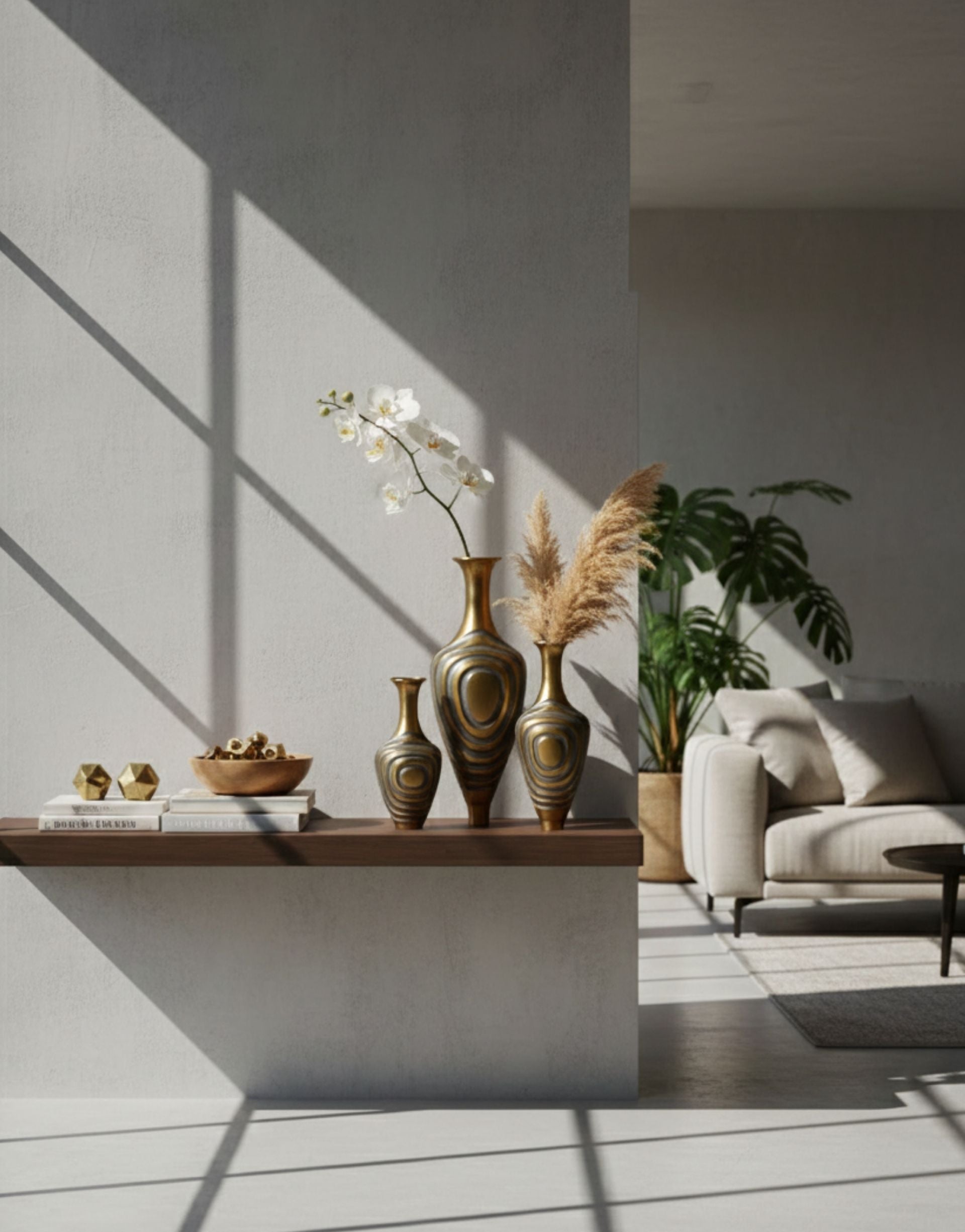 Decorative brass vases on a wooden shelf with a modern living room in the background