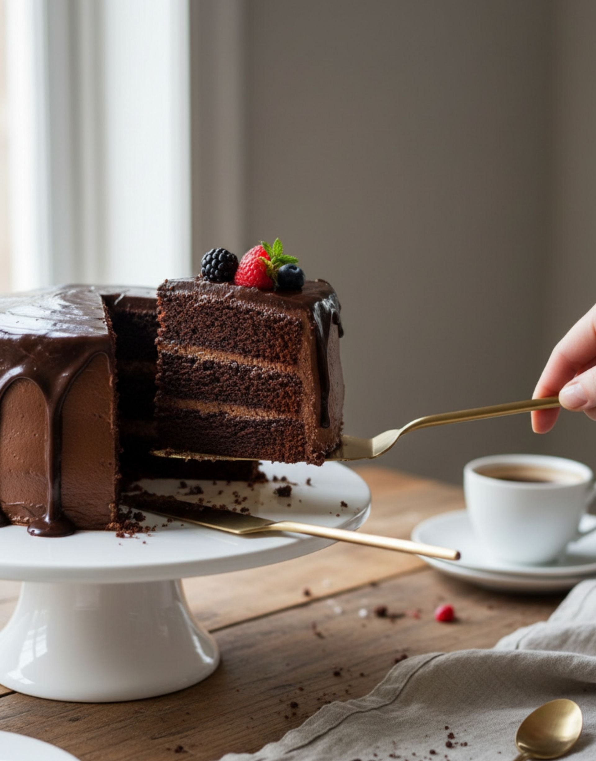 Chocolate cake with berries on a white cake stand, with a hand using a brass cake server and knife to take a slice.
