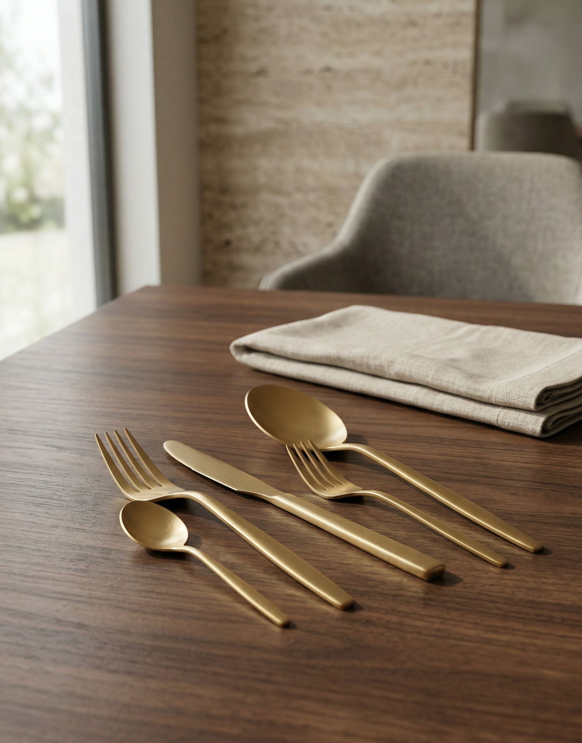 Brass cutlery set on a wooden table with a blurred background