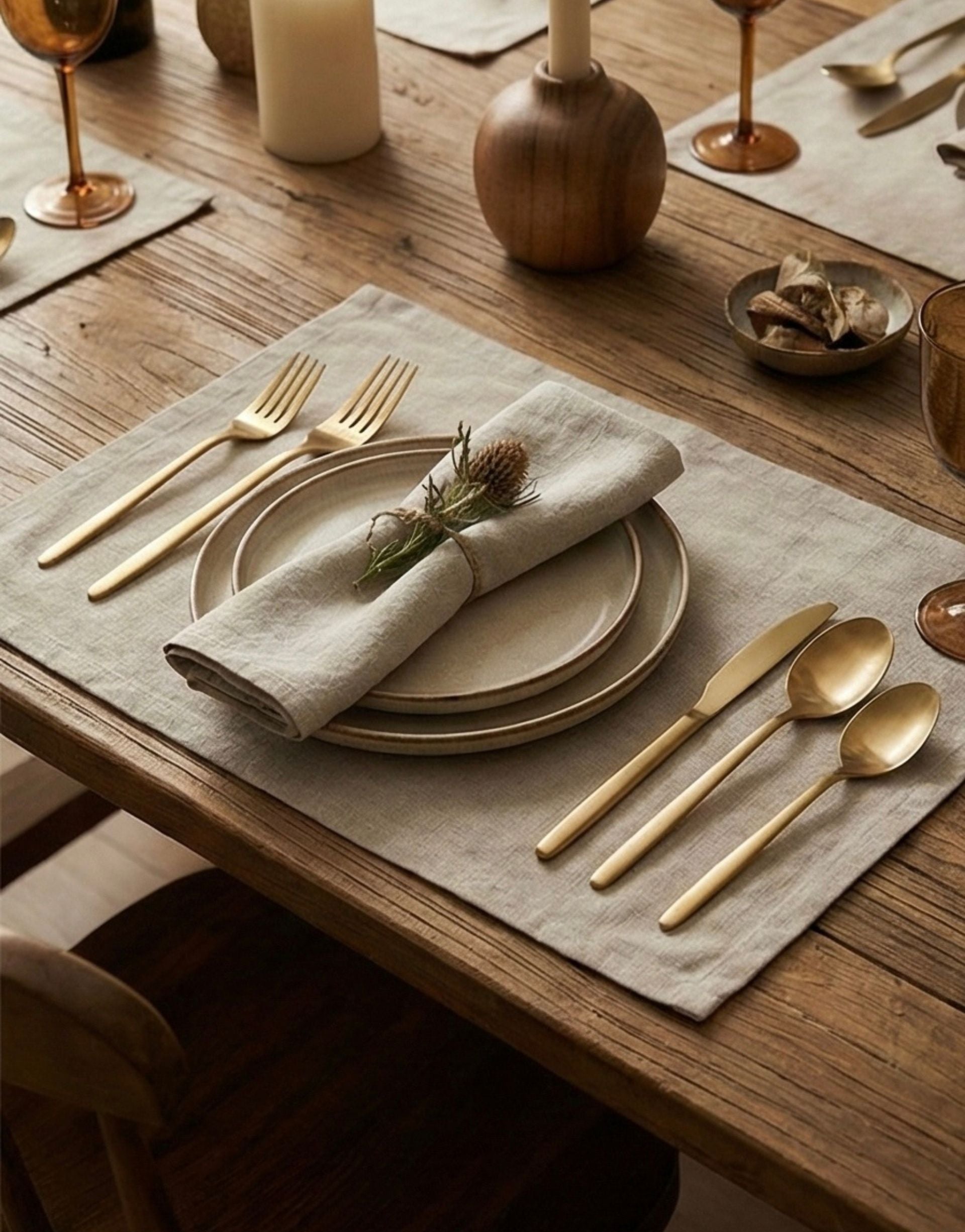 Brass cutlery set on a wooden table with a blurred background