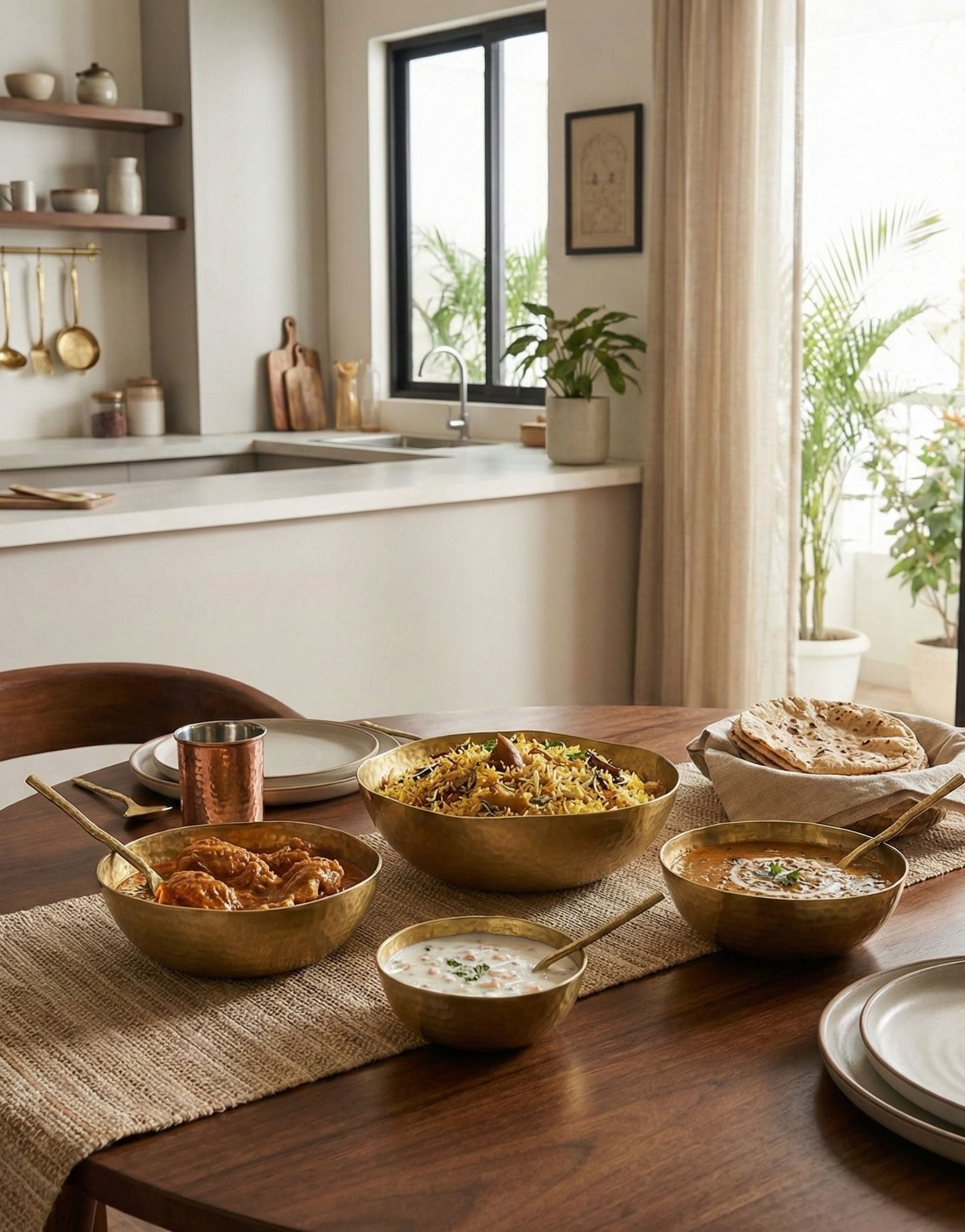 Dining table set with brass serving bowls of food in a kitchen