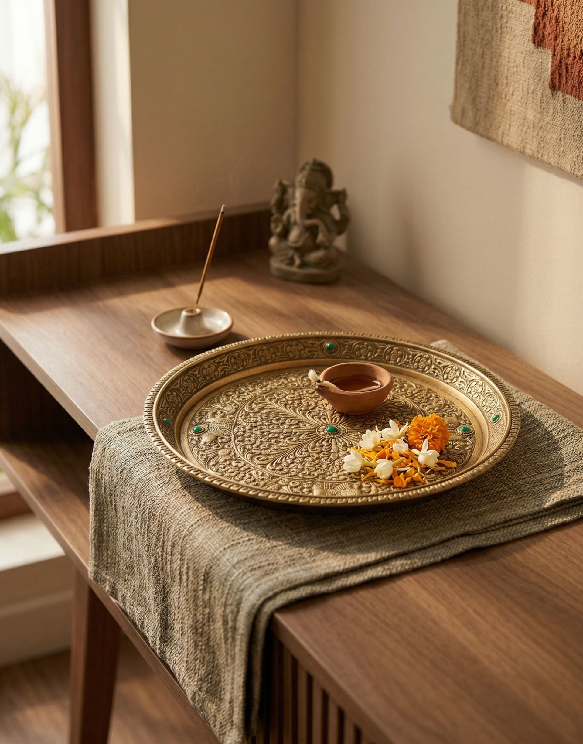 Decorative brass pooja tray with incense and flowers on a wooden table