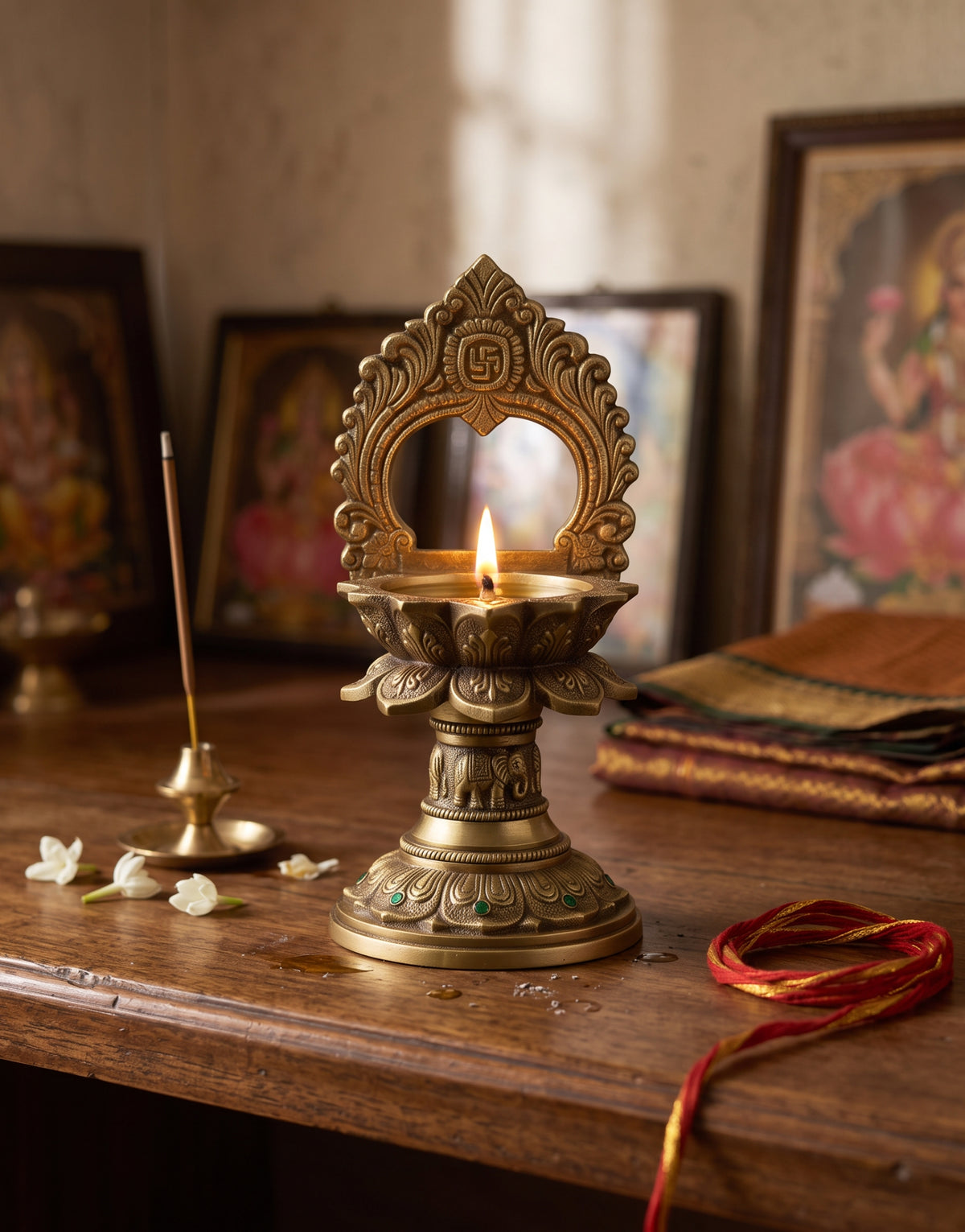 An ornate brass oil diya with a lit flame, displayed on a wooden table in a styled indoor setting with framed art, incense, and folded textiles.