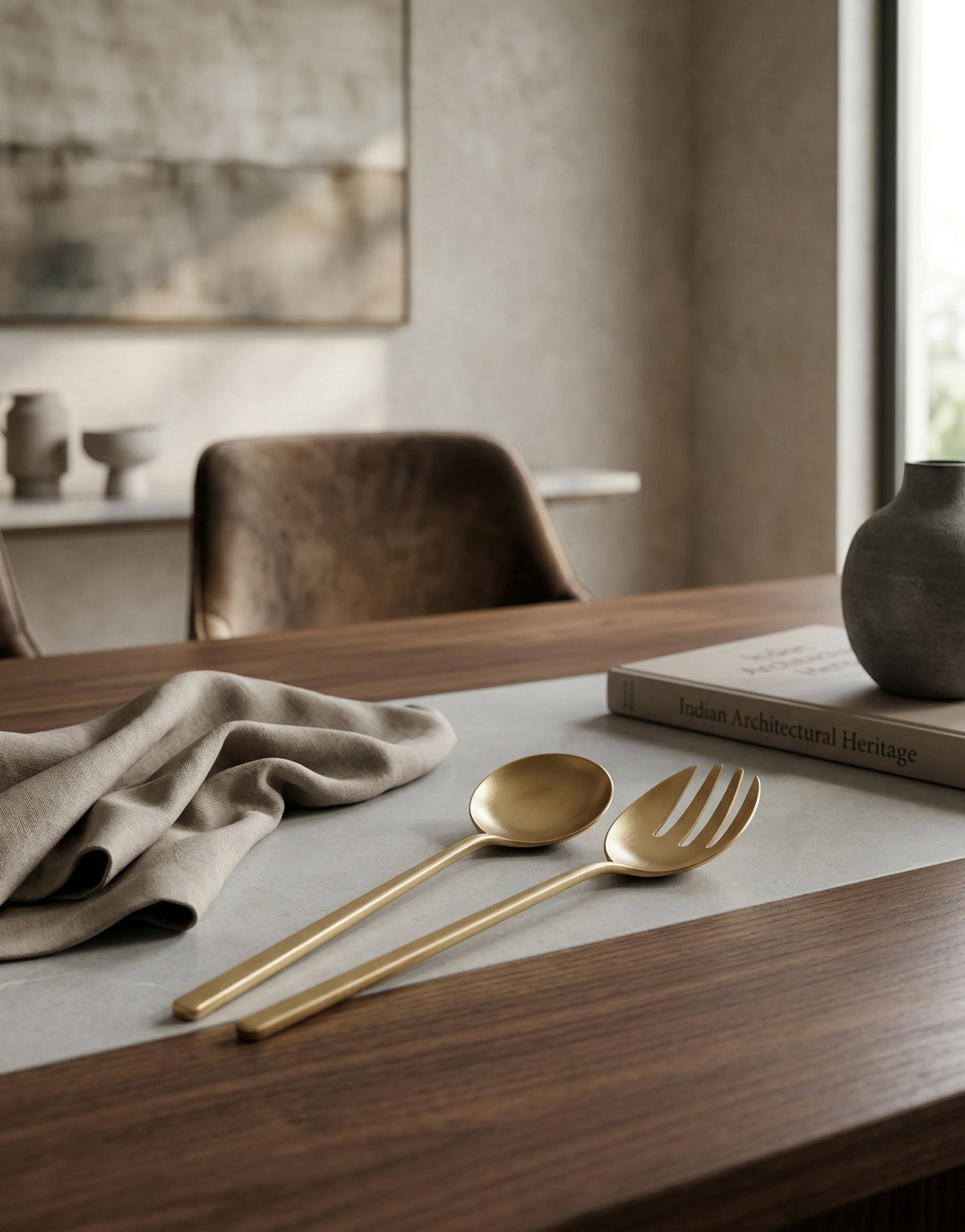 Brass salad spoon and fork set on a wooden surface with a neutral background