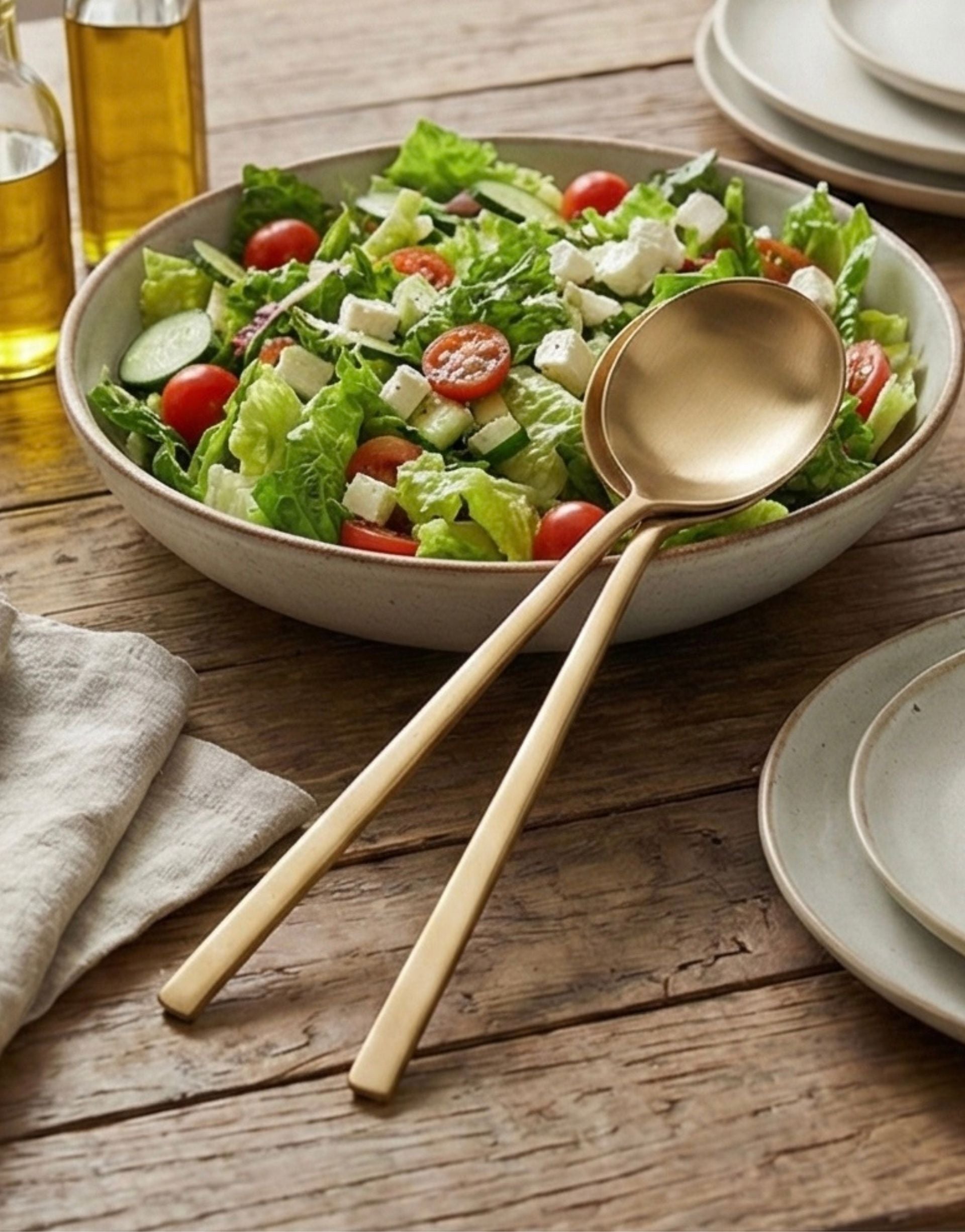 Bowl of salad with brass salad spoon and fork on a wooden table