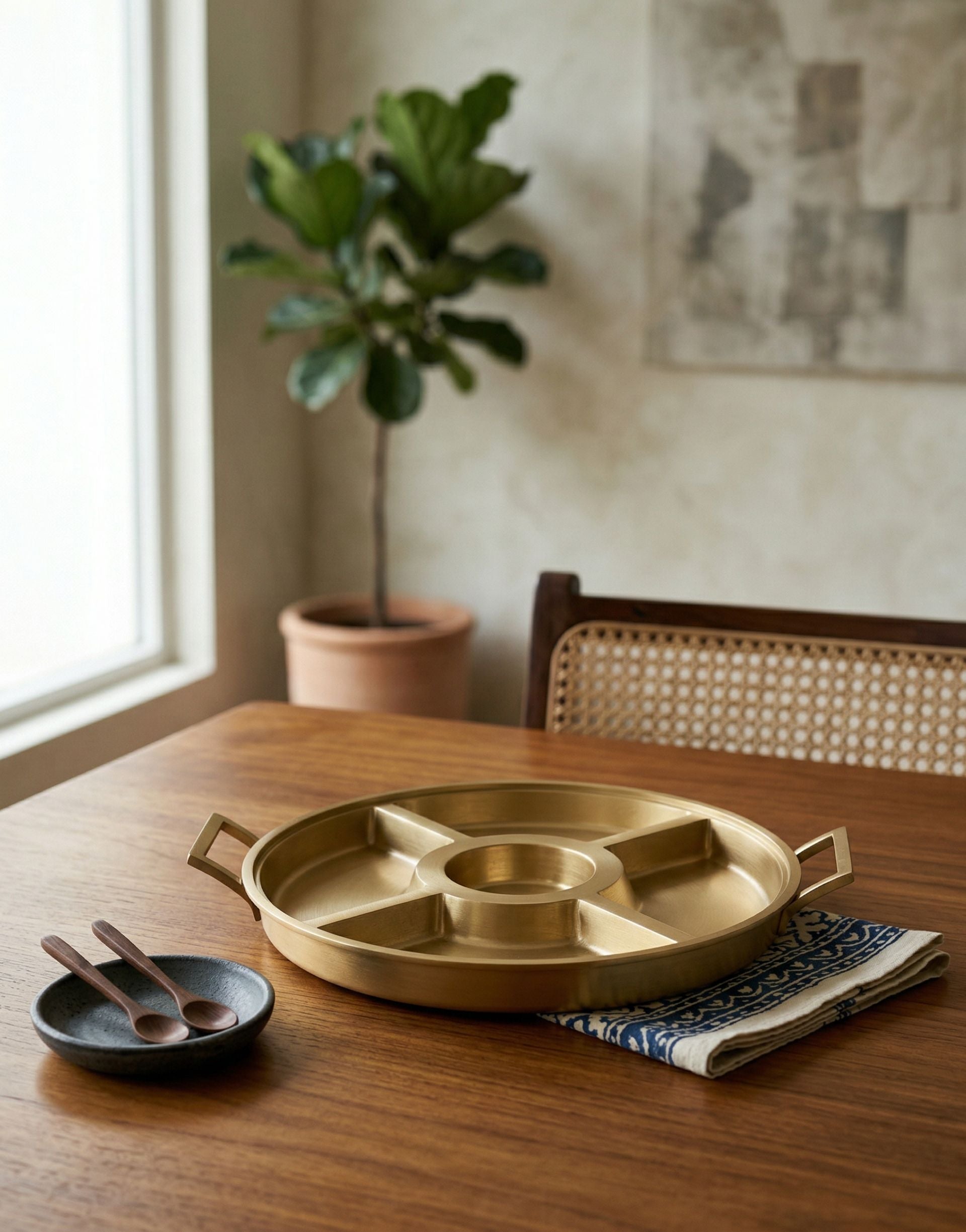 Brass snack platter on a wooden table with a plant in the background