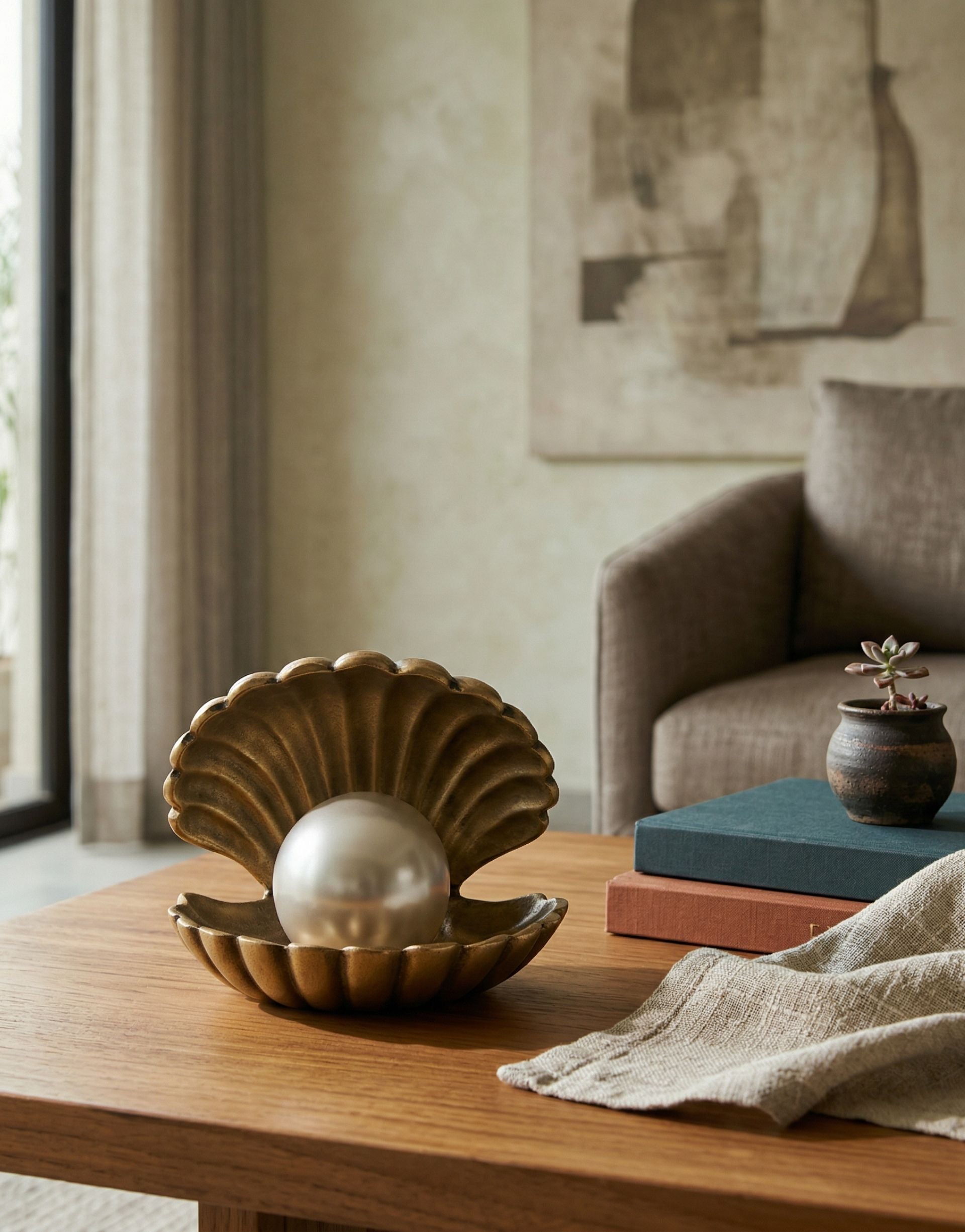 Decorative brass shell with a pearl on a wooden table in a living room setting