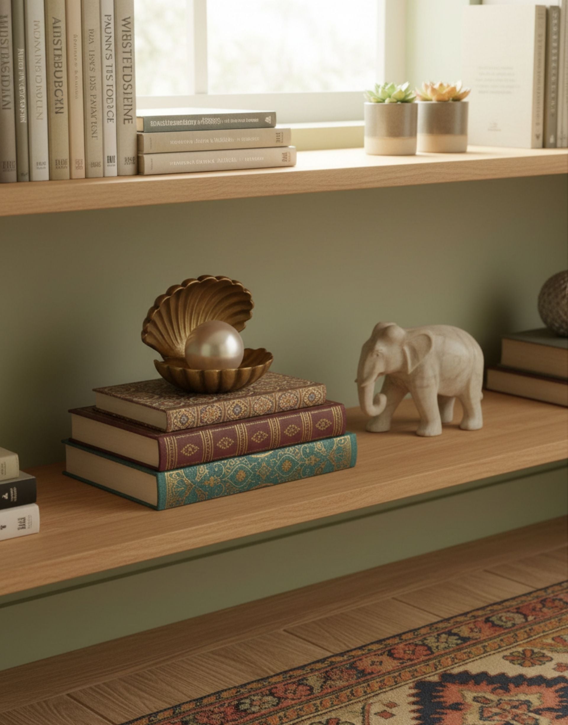 Wooden shelf with books, a brass shell, and an elephant figurine against a green wall.