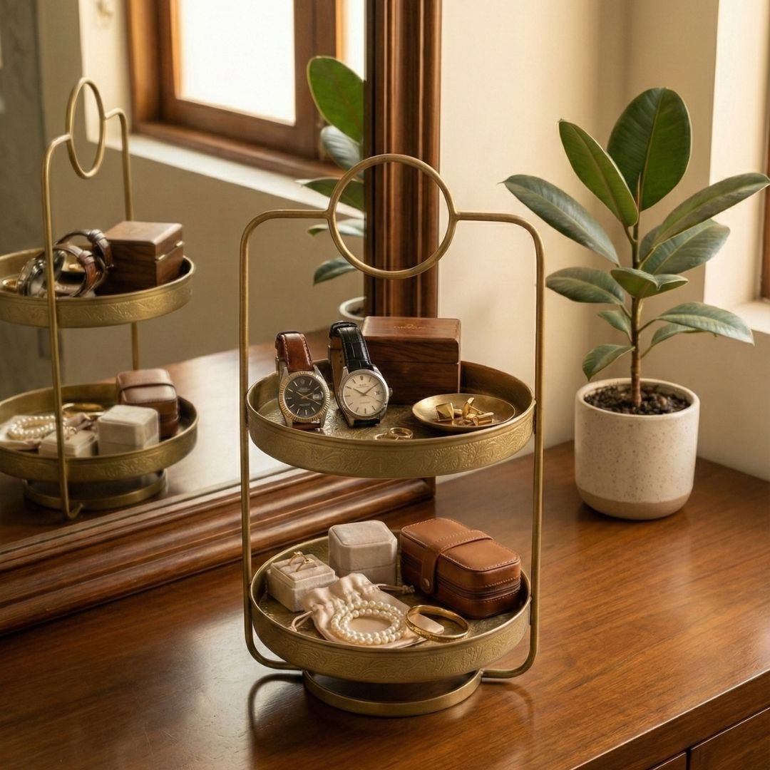 Brass tiered tray with jewelry and small items on a wooden surface with a plant in the background.