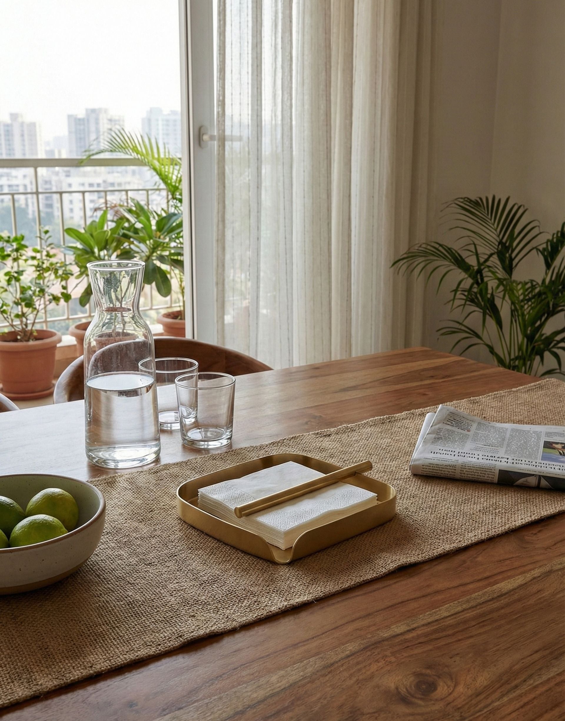 Dining table with a bowl of apples, glasses, and a brass tissue holder with napkins, set against a cityscape view.