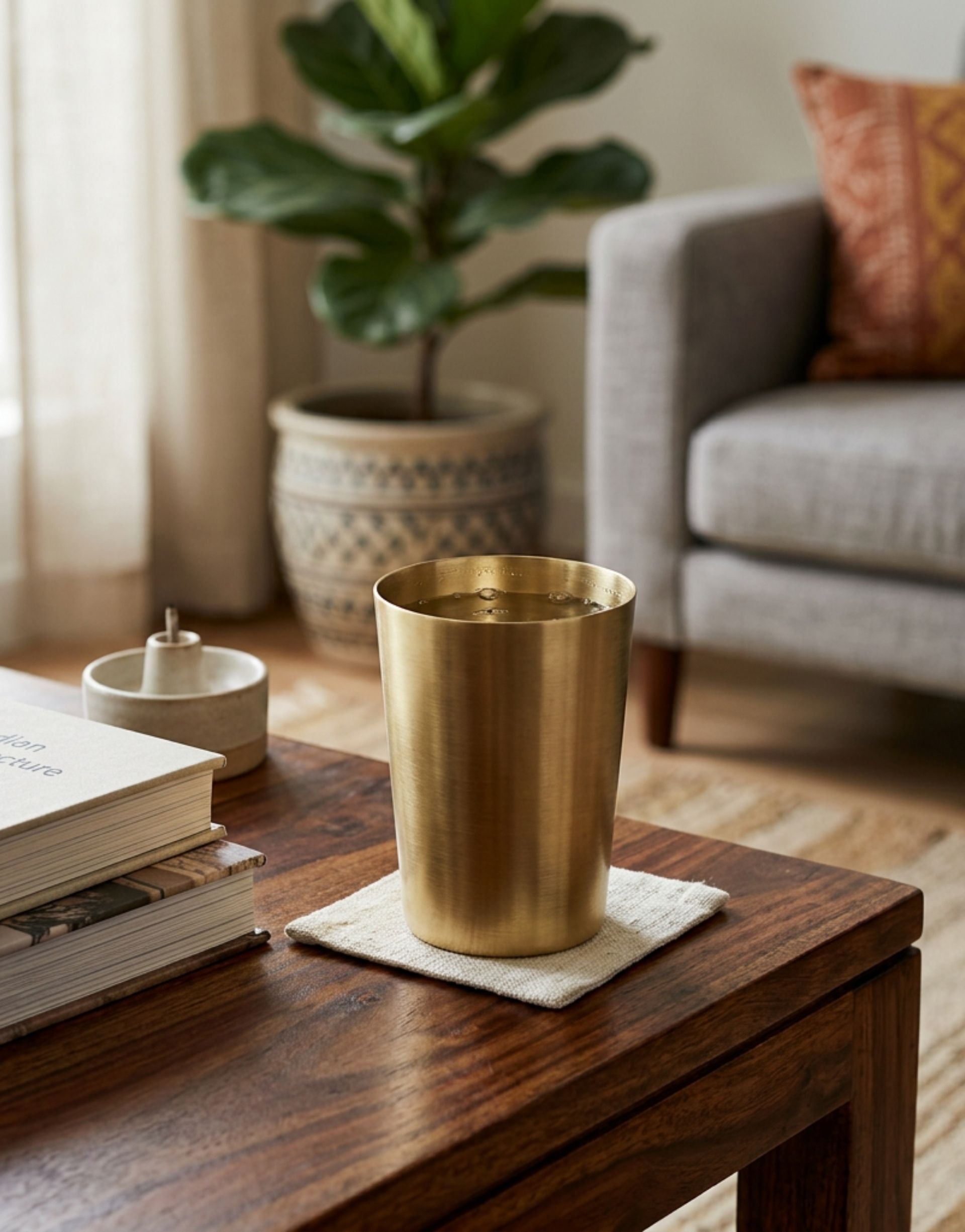 Brass tumbler on a wooden table with a plant and books in the background