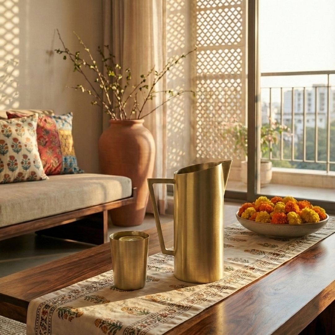 Decorative setting with a brass carafe, tumbler, and a bowl of flowers on a table in a sunlit room.