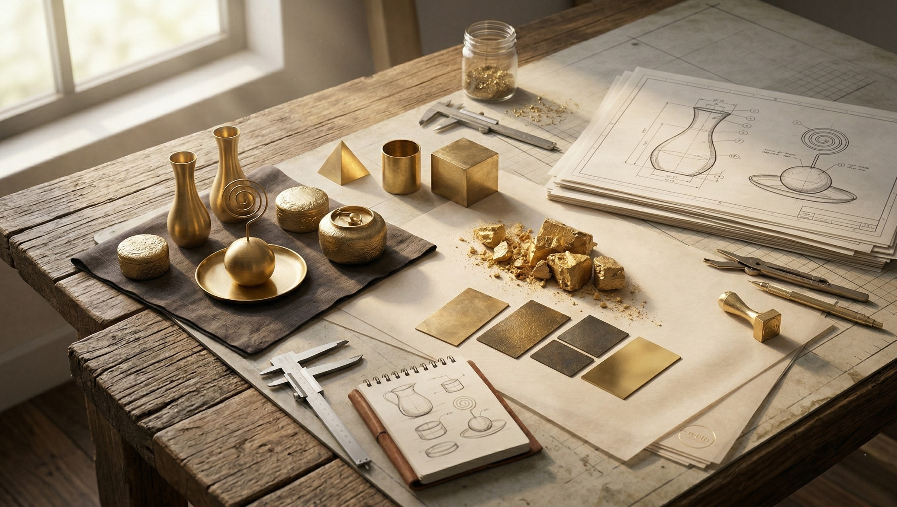 Reeth brand story banner featuring handcrafted brass objects and the architectural design philosophy of the studio.